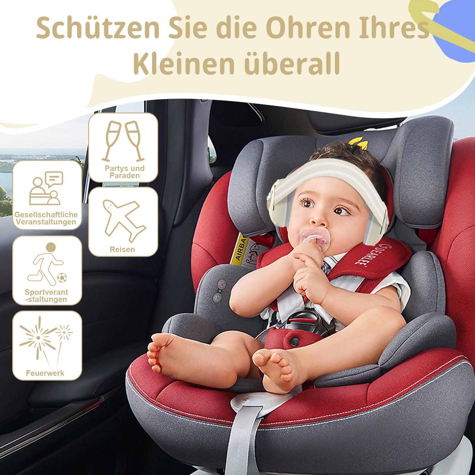 Robofun 2-in-1 Gehörschutz Baby Kopfhörer, Neugeboren Ohrenschützer mit Geräuschunterdrückung & Verstellbares Kopfband, Baby Kopfhörer Lärmschutz für Babys bis 48 Monate - Beige
