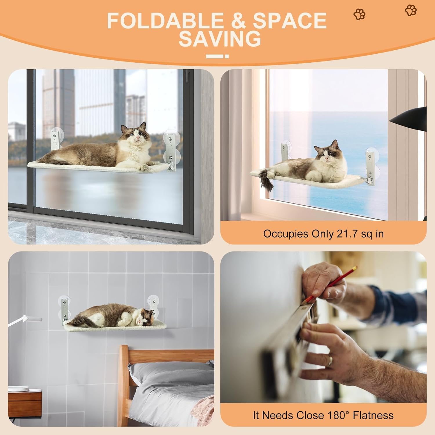 Cat Window Perch Foldable, Safest Cat Window Hammock with 4 Strong Suction Cups & Robust Metal Frame Easy to Install, Occupies Only 21.7 Sq in 40lb Load Capacity Cat Bed for Large or Kitten