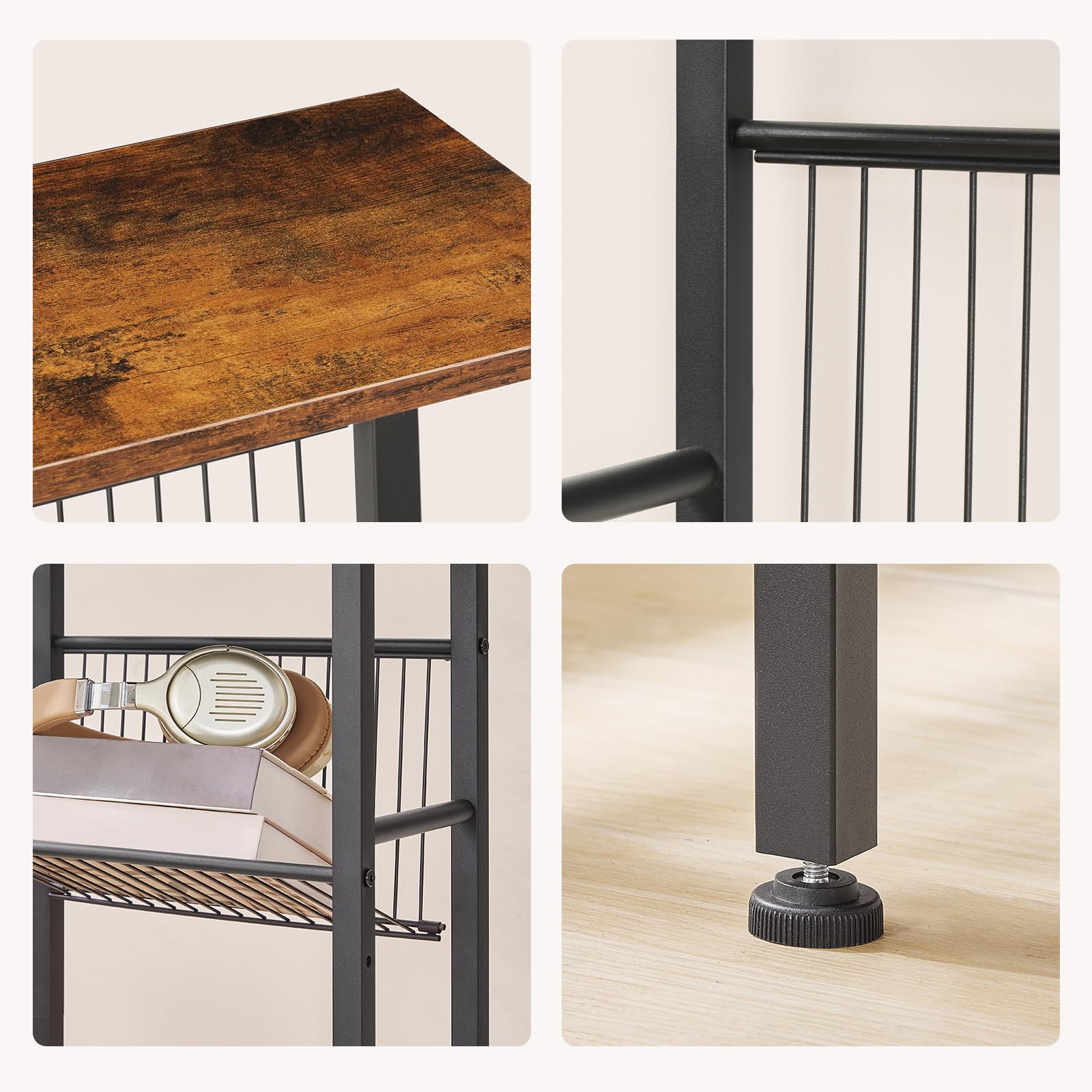 HOOBRO Console Haute et Étroite à 3 Niveaux de 40 cm, Étagère Ouverte, Étagère Réglable en Filet, Pieds Réglables, Anti-Basculement, pour Couloir, Salon, Canapé, Marron Rustique et Noir EBF41XG01