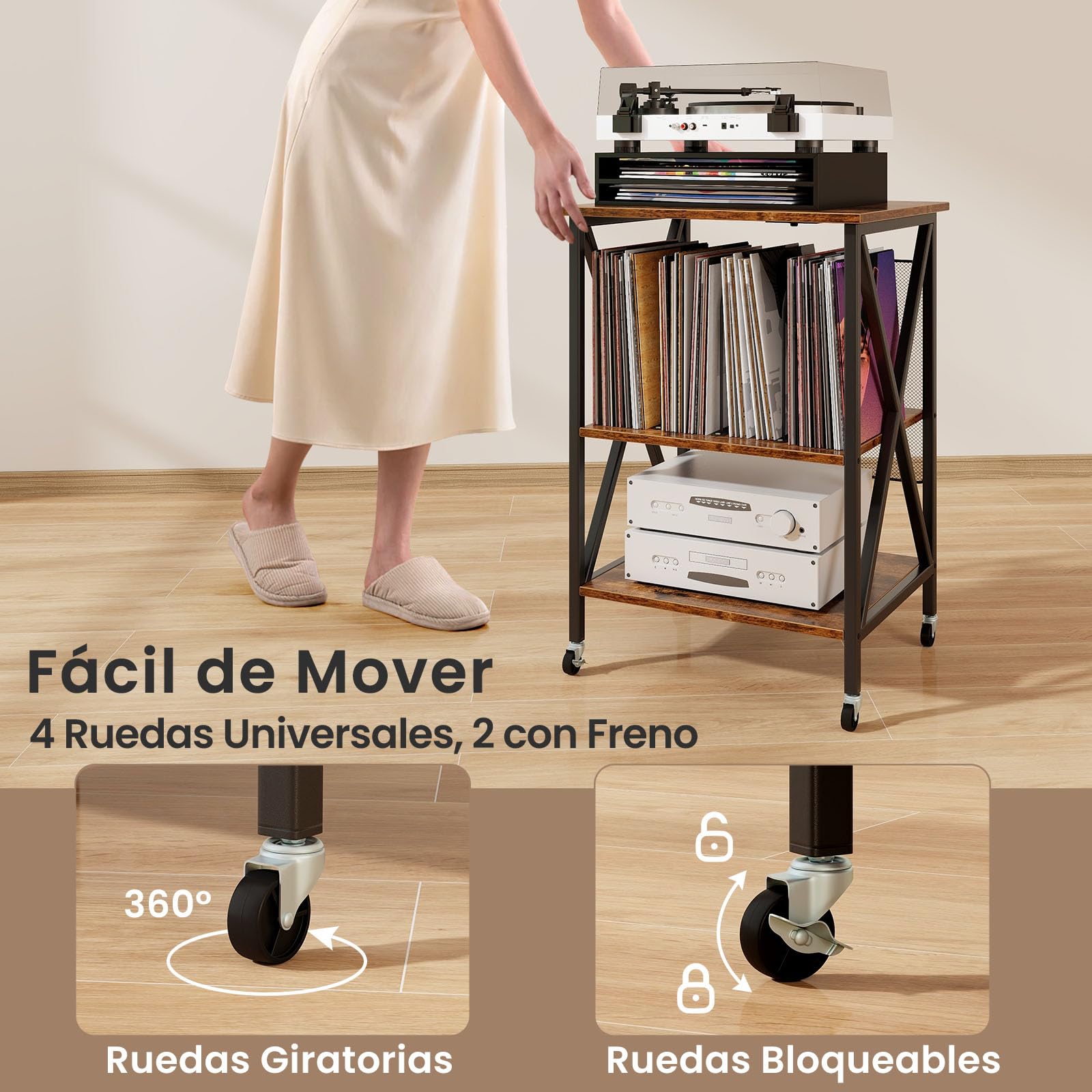 GOPLUS Soporte para Tocadiscos, Estante de Almacenamiento para Vinilos de 3 Niveles con Estación de Carga Incorporada y Ruedas Bloqueables, Soporte para Giradiscos (Marrón Rústico)