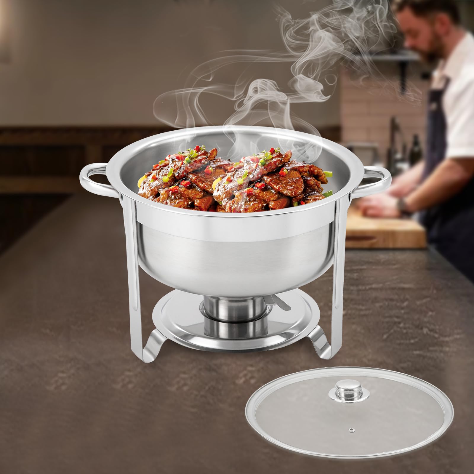 Chafing Dish Buffet Set Stainless Steel Round Chafing Buffet Server with Glass Lid,Buffet Warmer with Food and Water Pans,Buffet Server and Warmer for Hotel,Party,Wedding (8.5L/8.98Qt)