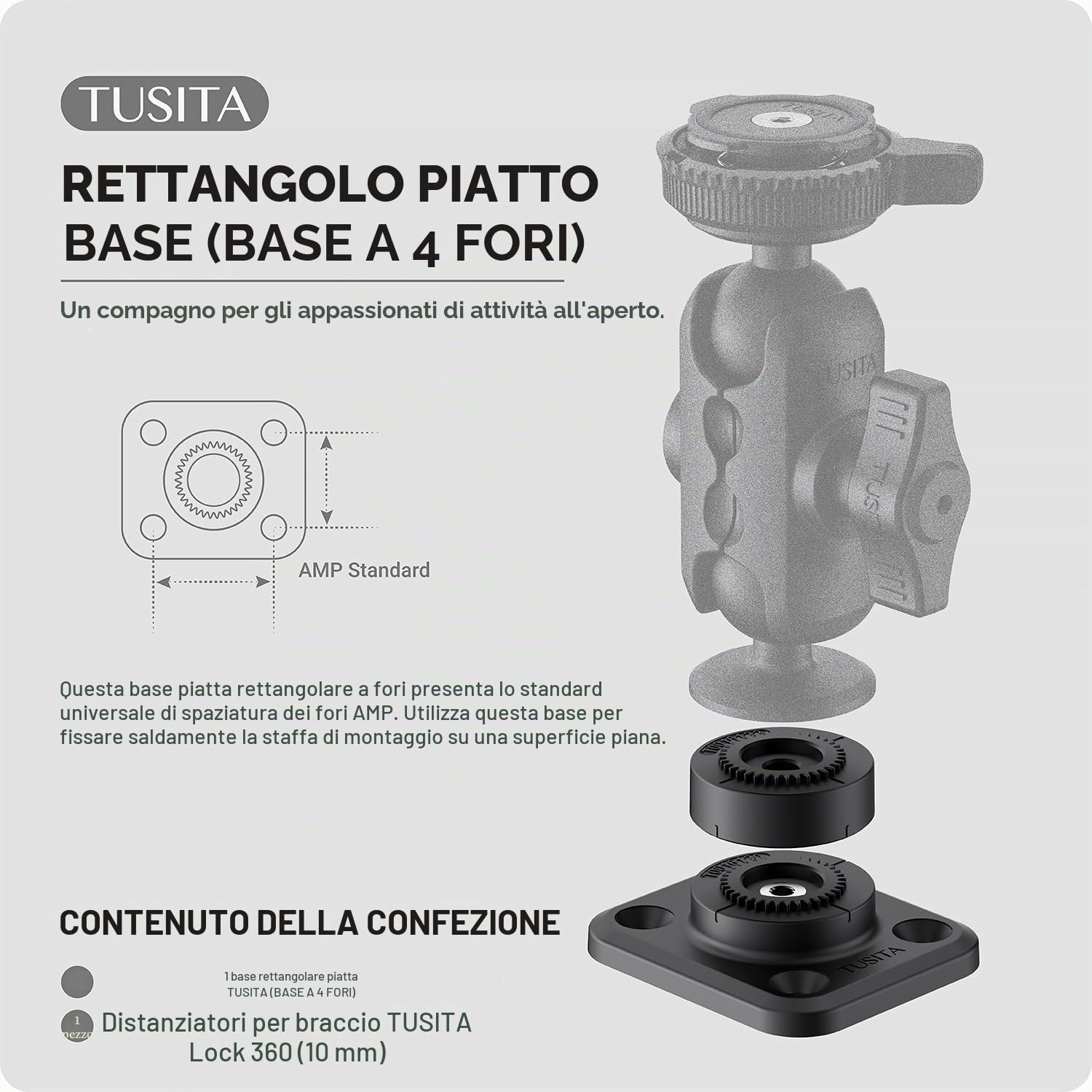 TUSITA Lock 360 Base - Base Rettangolare Piana - 4 Fori