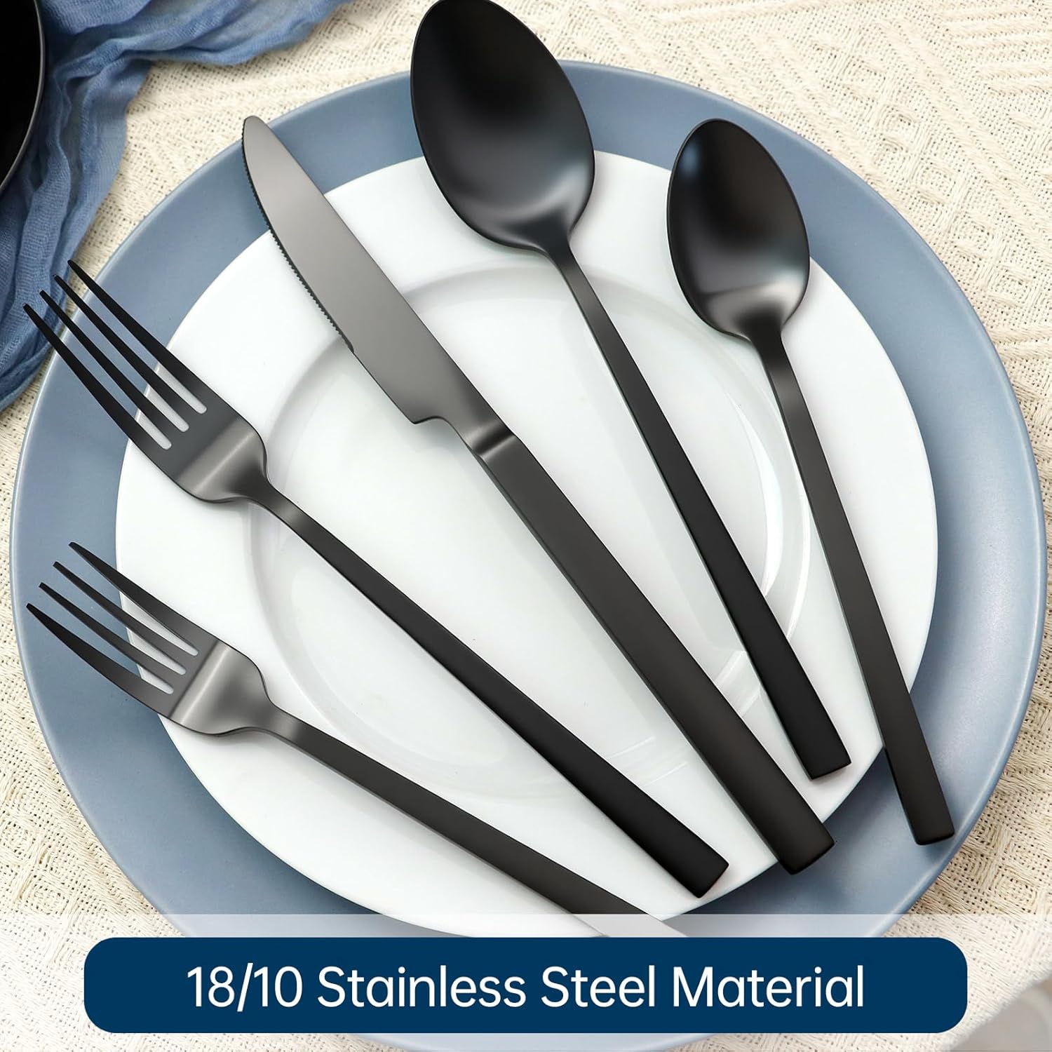 Silverware Set 60-Piece Hand Forged 18/10 Stainless Steel Black Cutlery, Matte Polished Cuboid Handle Flatware Sets, Service for 12