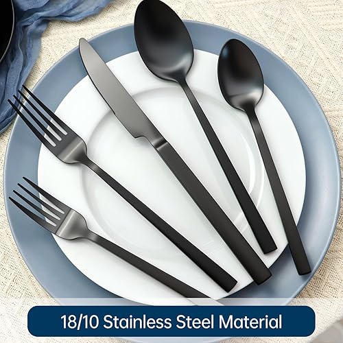 Miniatura 5 de Juego de cubiertos de 20 piezas forjados a mano de acero inoxidable 18/10, color negro, con mango cuboide pulido mate, servicio para 4 Negro