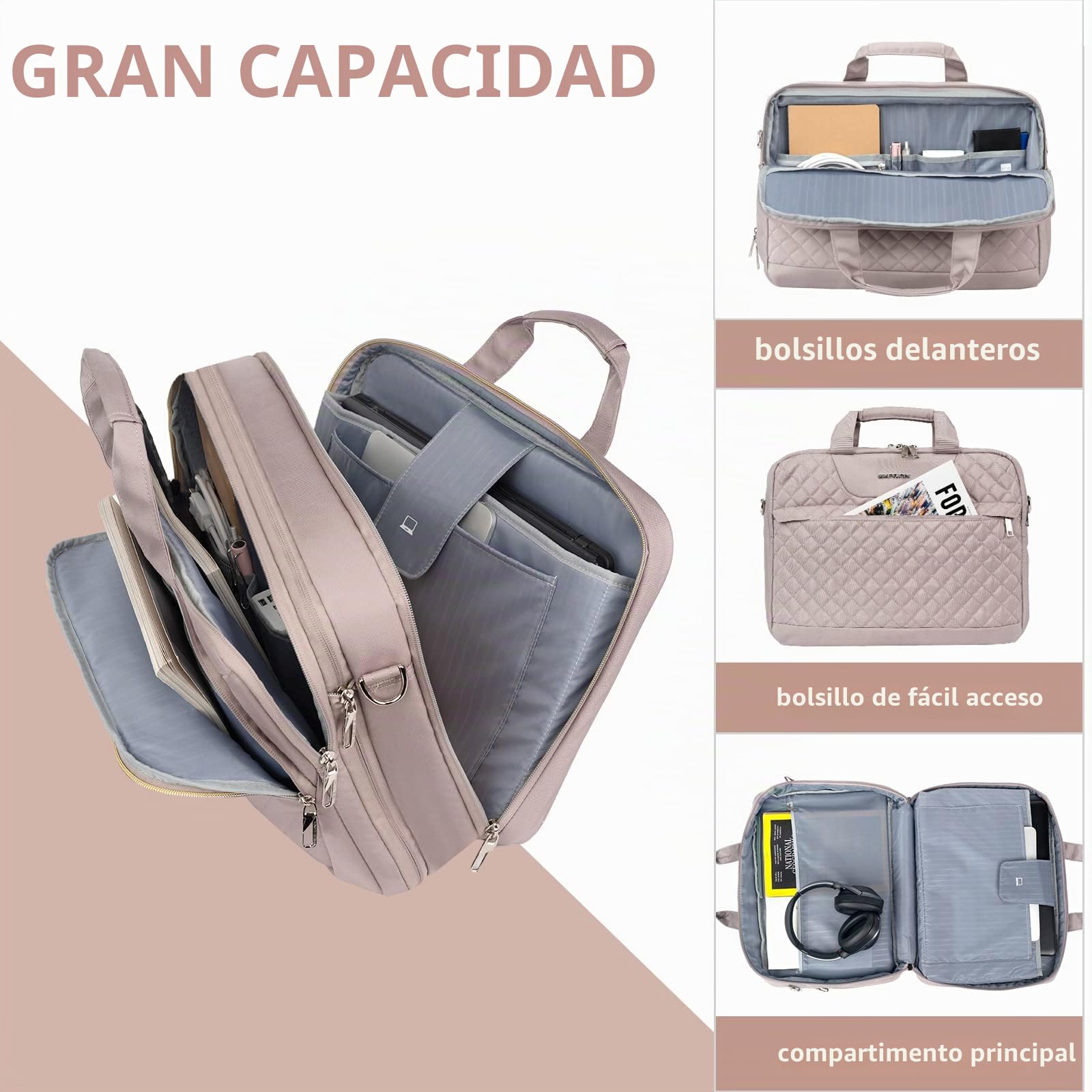 EMPSIGN Bolsa para Portátil de 17 Pulgadas, Maletín de Gran para Mujeres y Hombres, Viajes de Oficina de Negocios, Impermeable, Bolsa de Computadora Portátil con Bolsillos RFID, Rosa Polvoriento