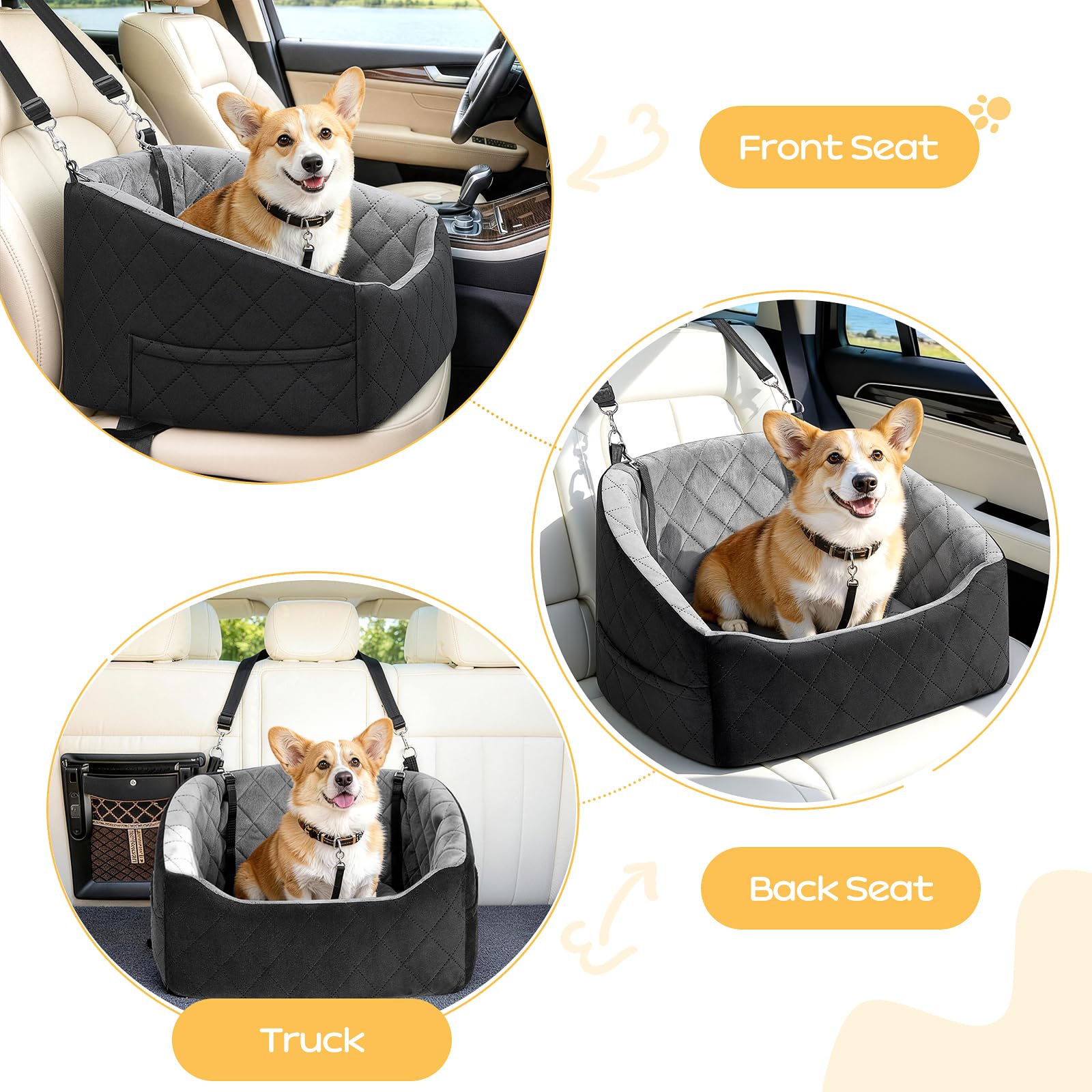 Dog Car Seat for Small Dogs Up to 30 Lbs, Pet Travel Safety Bed for Puppy Cat, Fits in Front/Back Seat, Anti Slip Base, Fully Detachable Washable with 2 Safety Tether(Grey-Black) - image 5