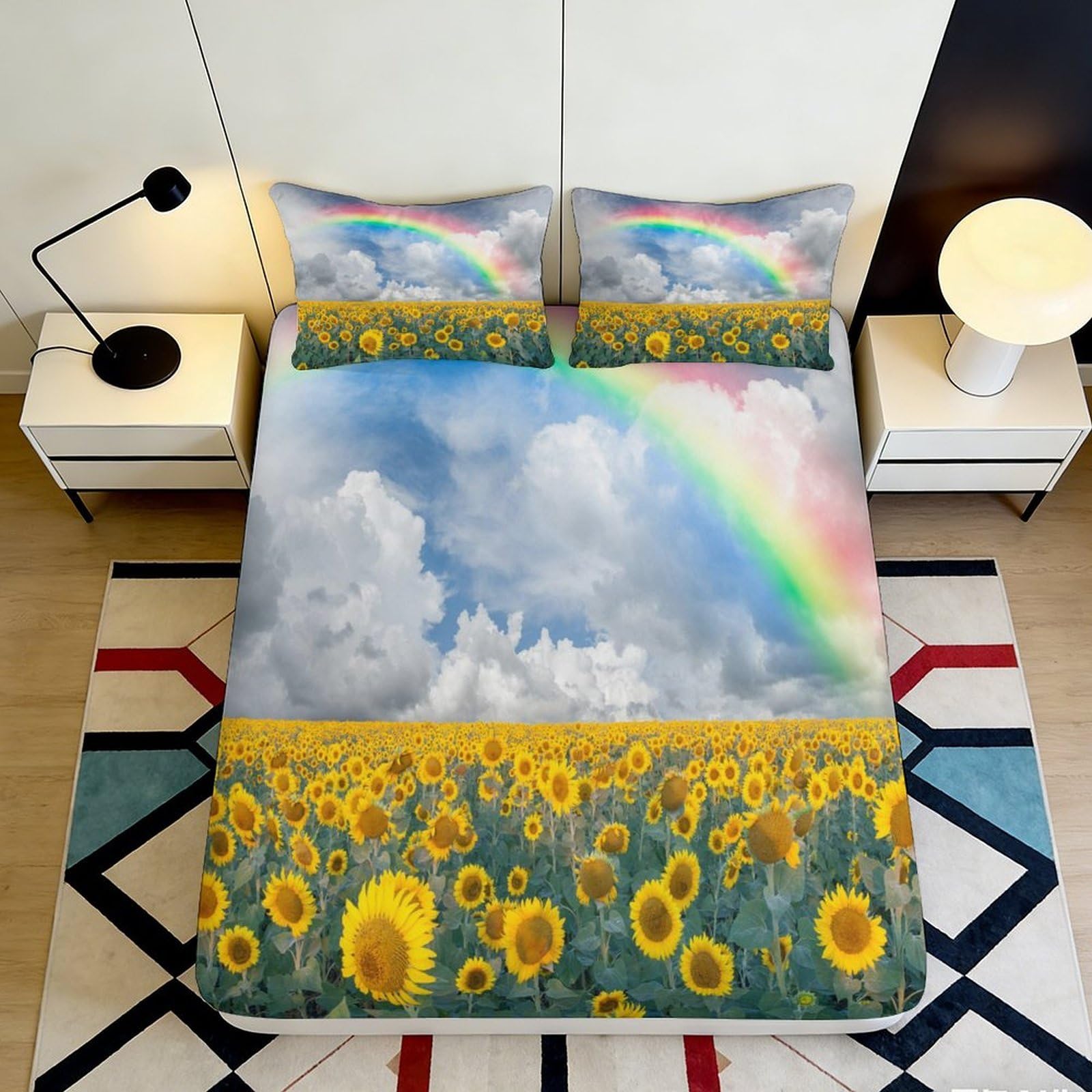 3D Printed Sunflower Field Fitted Sheet Microfiber Rainbow Sky Mattress Cover Non Slip Bedroom Decor Easy Care 90x200x25cm