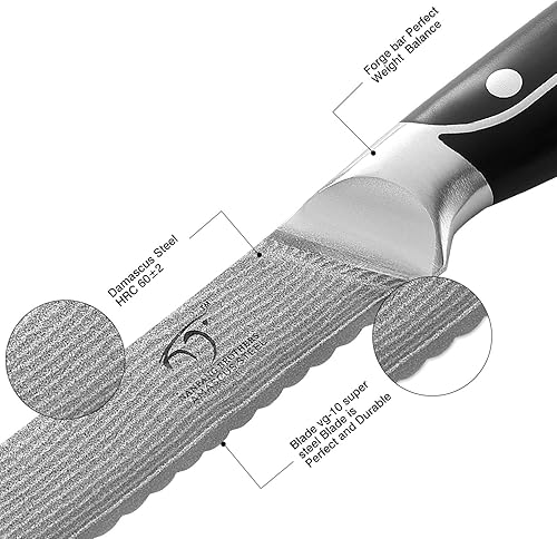 Vista 2 de Cuchillo de pan dentado de 8 pulgadas, cuchillo de cocina profesional de la serie XingRui forjado con VG10 Super Steel de 67 capas de Damasco, mango