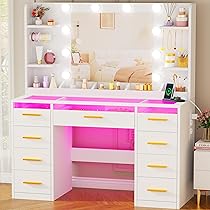 ANWBROAD Grande Toeletta da Trucco con Specchio e Luci Luminosità Regolabile, Toletta Trucco con Piano in Vetro, Postazione Trucco con Prese 9 Cassetti RGB e 9 Ripiani Aperti Moderno Bianco BDT95W