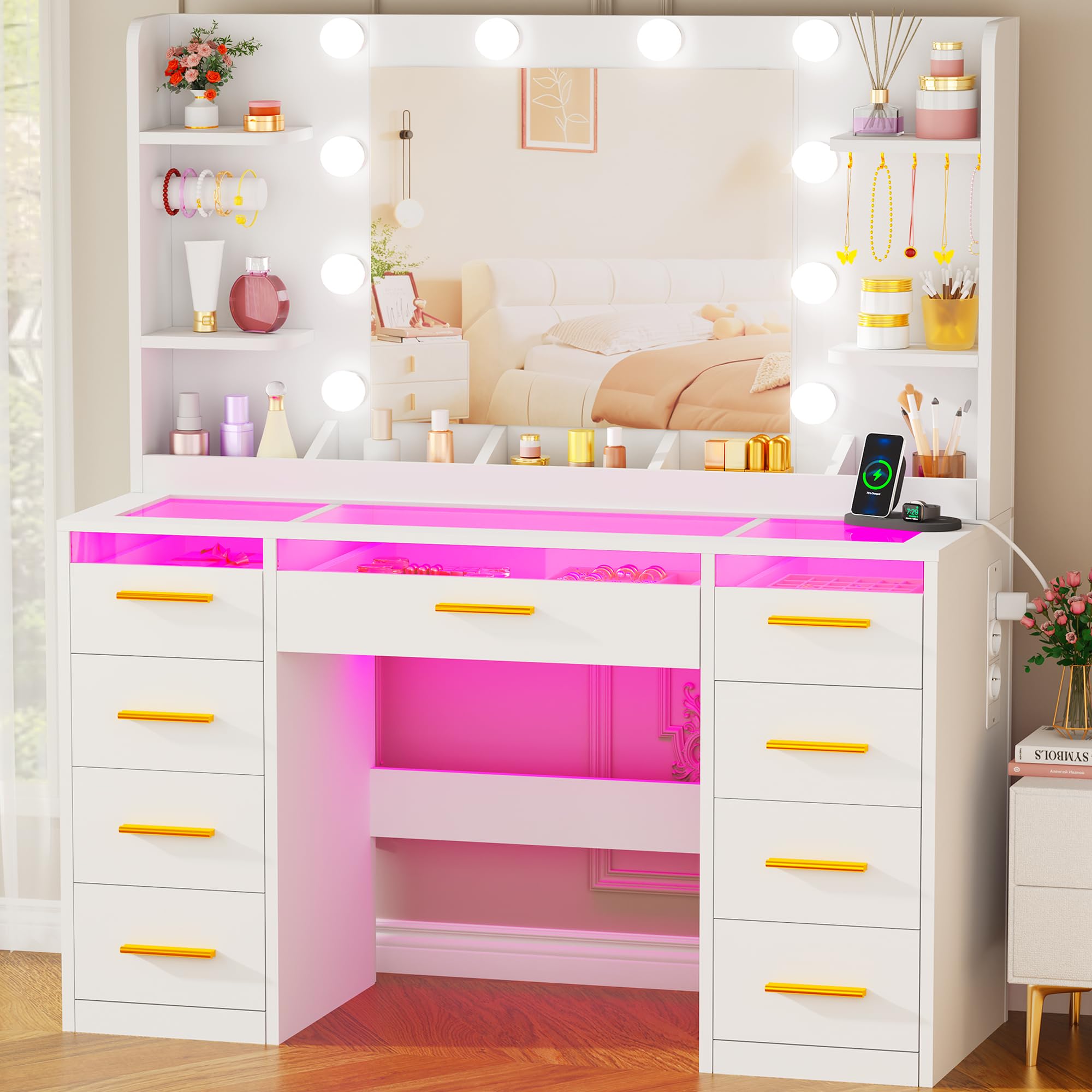 ANWBROAD Coiffeuse avec Miroir et Éclairage LED 3 Couleurs Grande Coiffeuse avec Plateau en Verre 9 Tiroirs RGB 4 Étagères Table de Maquillage avec Prise de Courant pour Chambre Moderne Blanc BDT95W