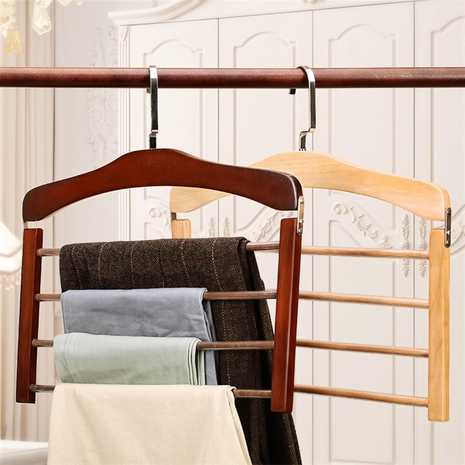 Clothes Hangers/Coat Hangers Wooden Pants Hangers, Space Saving Closet Hangers, 4 Layers Multi Functional Pants Rack, Metal Hook and Foldable Wardrobe Organizer Racks, for Clothes,Light Green,One Siz