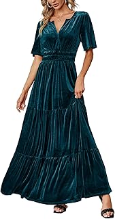 Women's Velvet Short Sleeve V Neck Formal Wedding Guest Maxi Dresses Fall Evening Party Long Dresses - Buy now