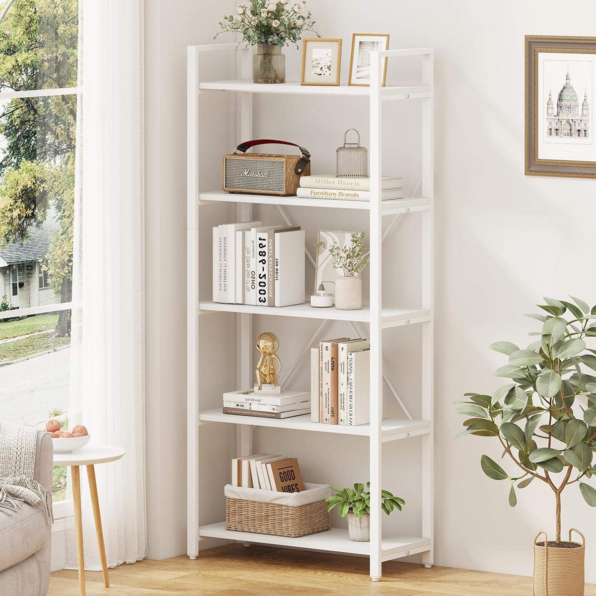 FATORRI 5 Tier Bookshelf, Metal and Wood Bookcase, Etagere Book Shelf for Display, Modern Shelving Unit Tall Book case for Home Office, Living Room (White Oak)