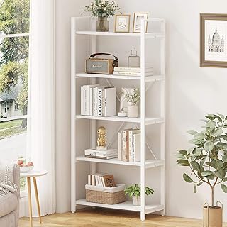 FATORRI 5 Tier Bookshelf, Metal and Wood Bookcase, Etagere Book Shelf for Display, Modern Shelving Unit Tall Book case for Home Office, Living Room (White Oak)