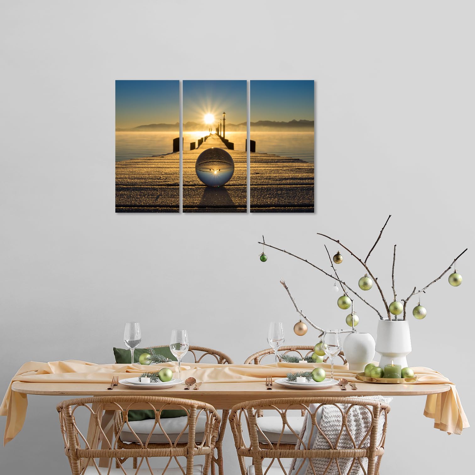 AREDE Set di 3 Stampe da Parete Quadri Moderni Decorazioni da Muro per Casa Soggiorno Camera da Letto e Cucina Alba e sfera di vetro| 90 x 60 cm | Pronto da appendere