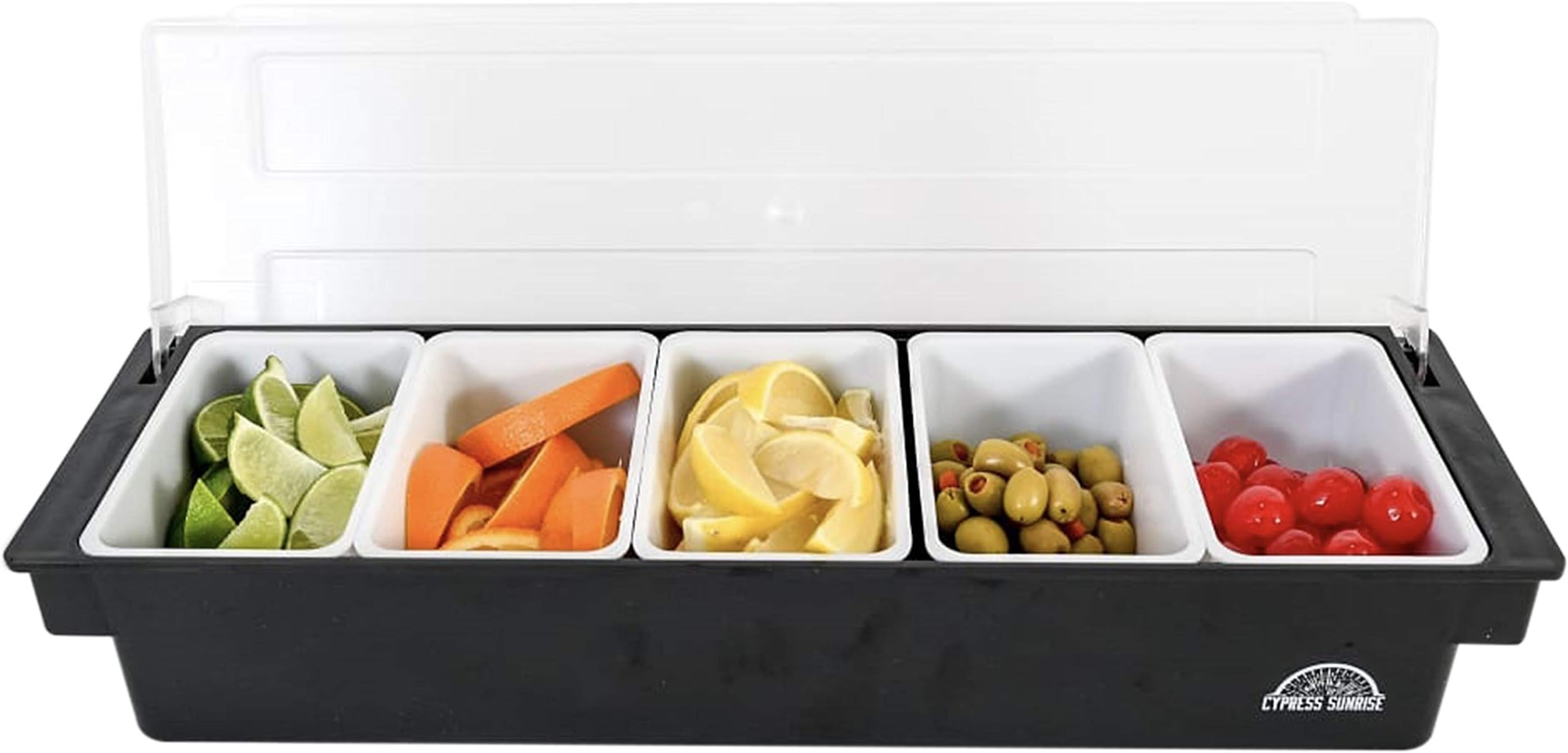 Fruit, Veggie & Condiment Caddy with Lid - Dispenser Tray For Candy, Dips & Salad Toppings | Bar Supplies For Catering & Parties | 5 x 20 Oz Compartments | Garnish Organizer Station for Restaurants