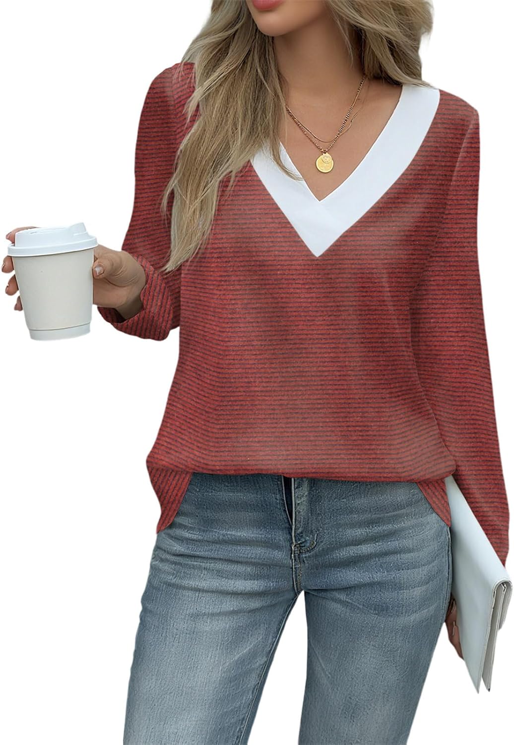 Yousify Women V Neck Striped Shirt Puff Ruffle Trim Long Sleeve Tunics Fall Basic Work Tops Casual Fleece Thermal Shirts - Image 3