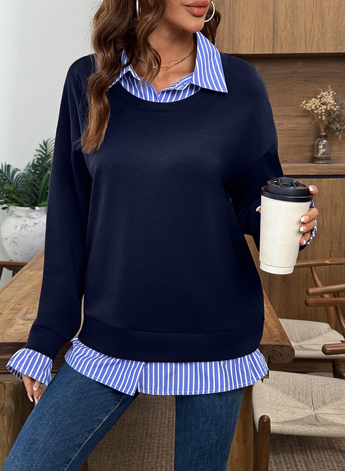 SHEWIN Womens Sweatshirt Casual 2 in 1 Long Sleeve Tops Shirts Business Teacher Fall Outfits for Women 2026