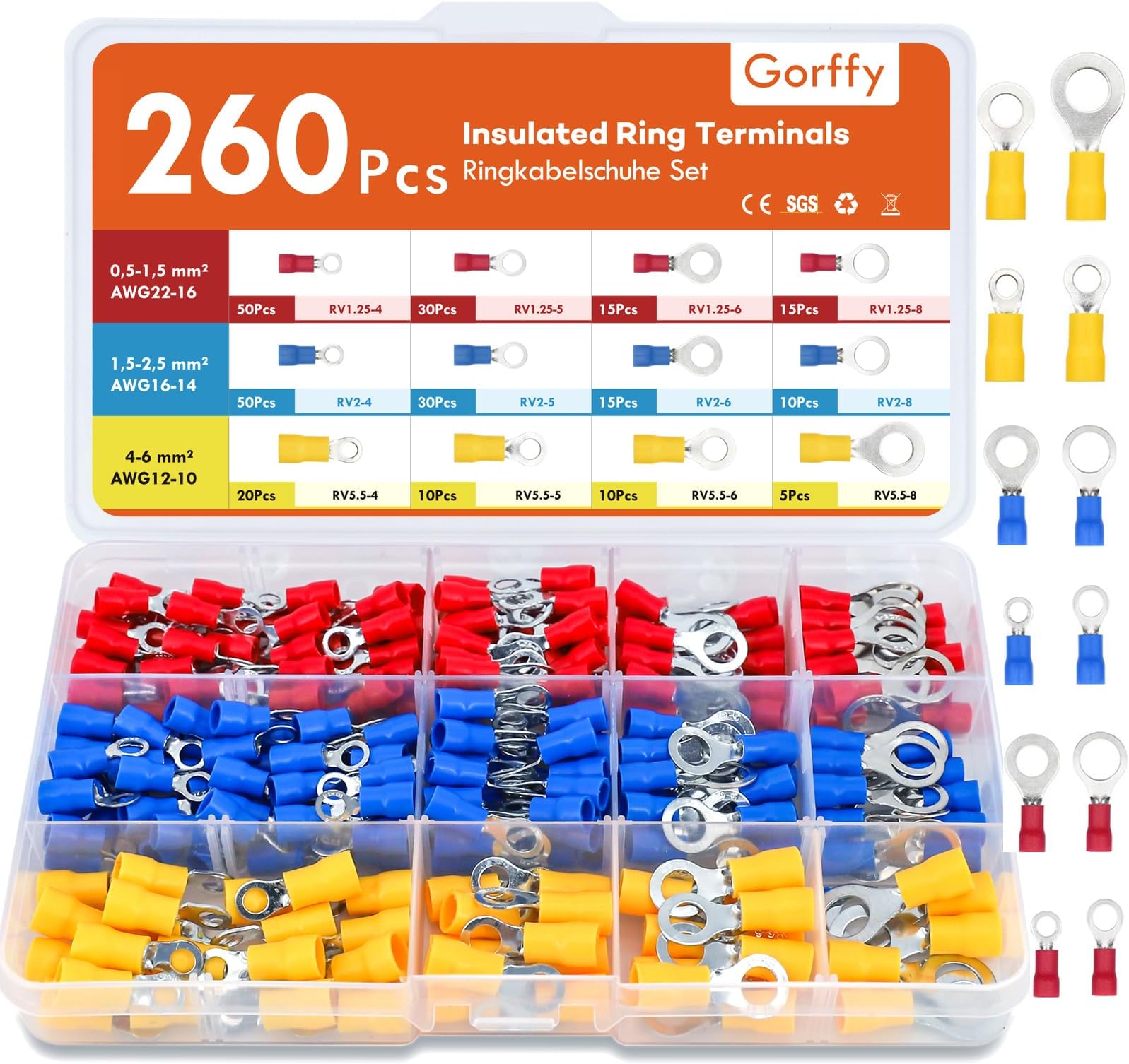 Ring Terminals, 260PCS Electrical Crimp Connectors, AWG22-10 Crimp Terminals, Insulated Wiring Connectors, Ring Electrical Wire Connectors for Wiring