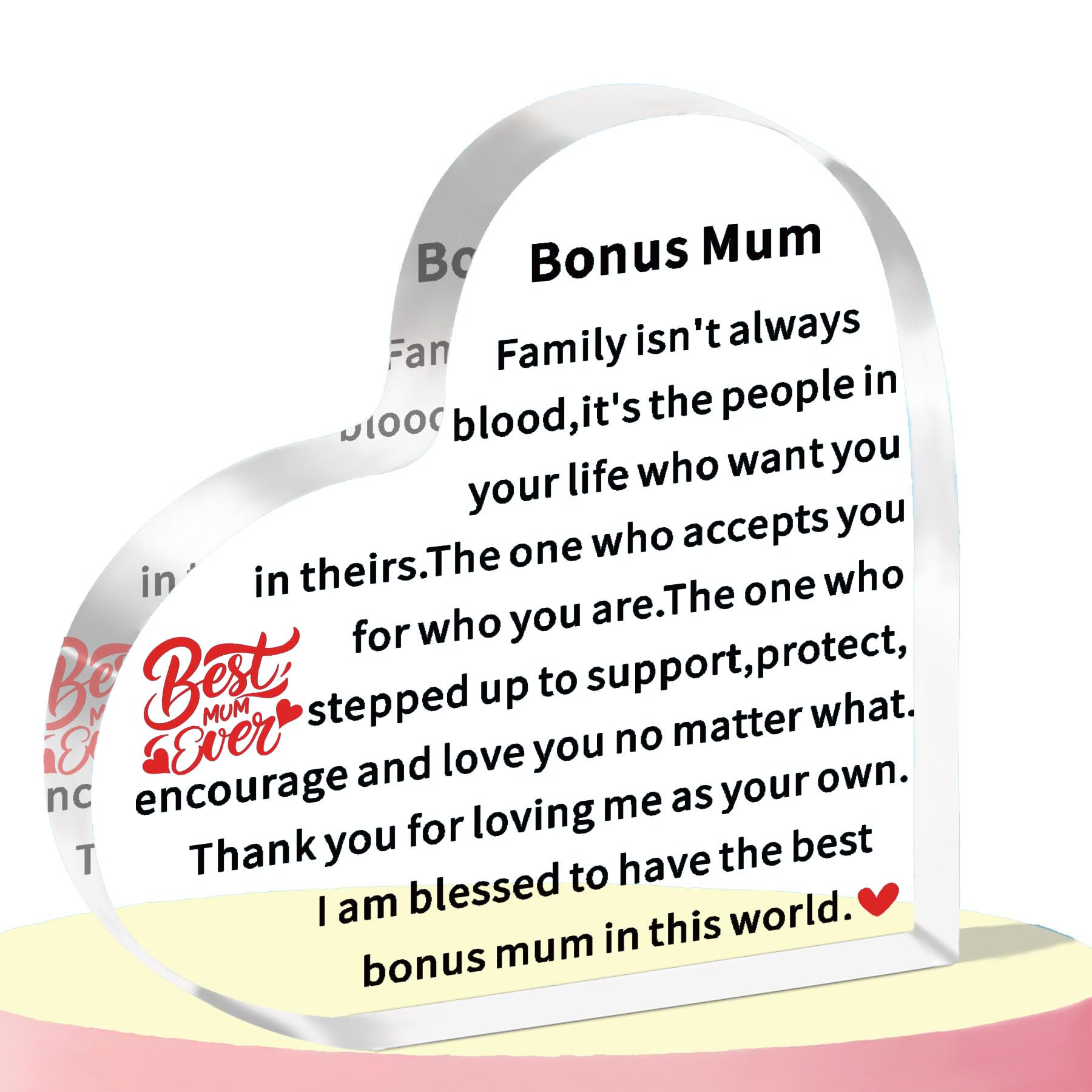WTOPP Bonus Mum Gifts,Mothers Day Gifts,Acrylic Heart Shape Plaques as Step Mum Gifts, Birthday Gifts For Stepmum as Bonus Mum Gifts From Daughter Son