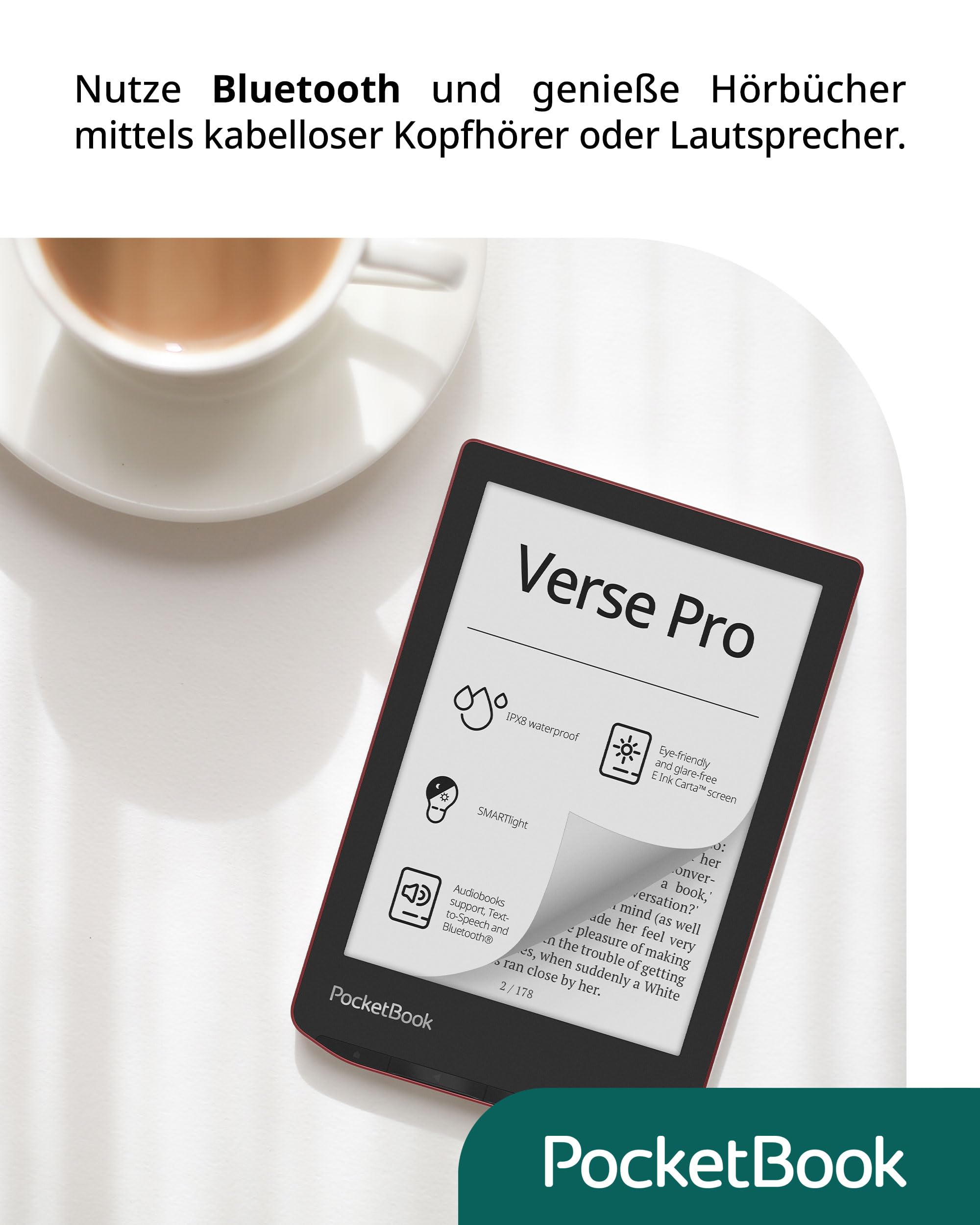 Pocketbook Verse Pro eReader, Rojo, Memoria de 16 GB, reproducción de audiolibros, inalámbrico, 6 ", versión Alemana