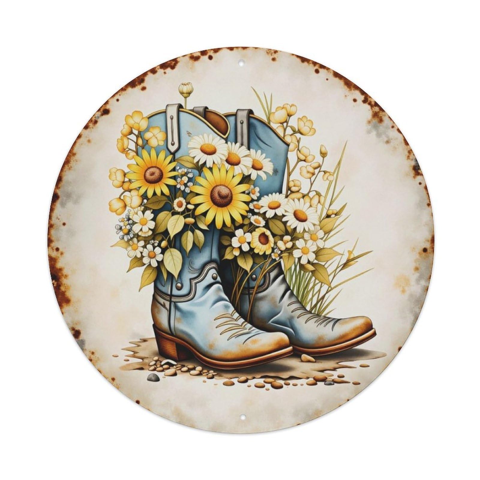 Rustic Vintage Cowboy Boots Sunflower Floral Round Decor Sign Aluminium Sign 20x20cm