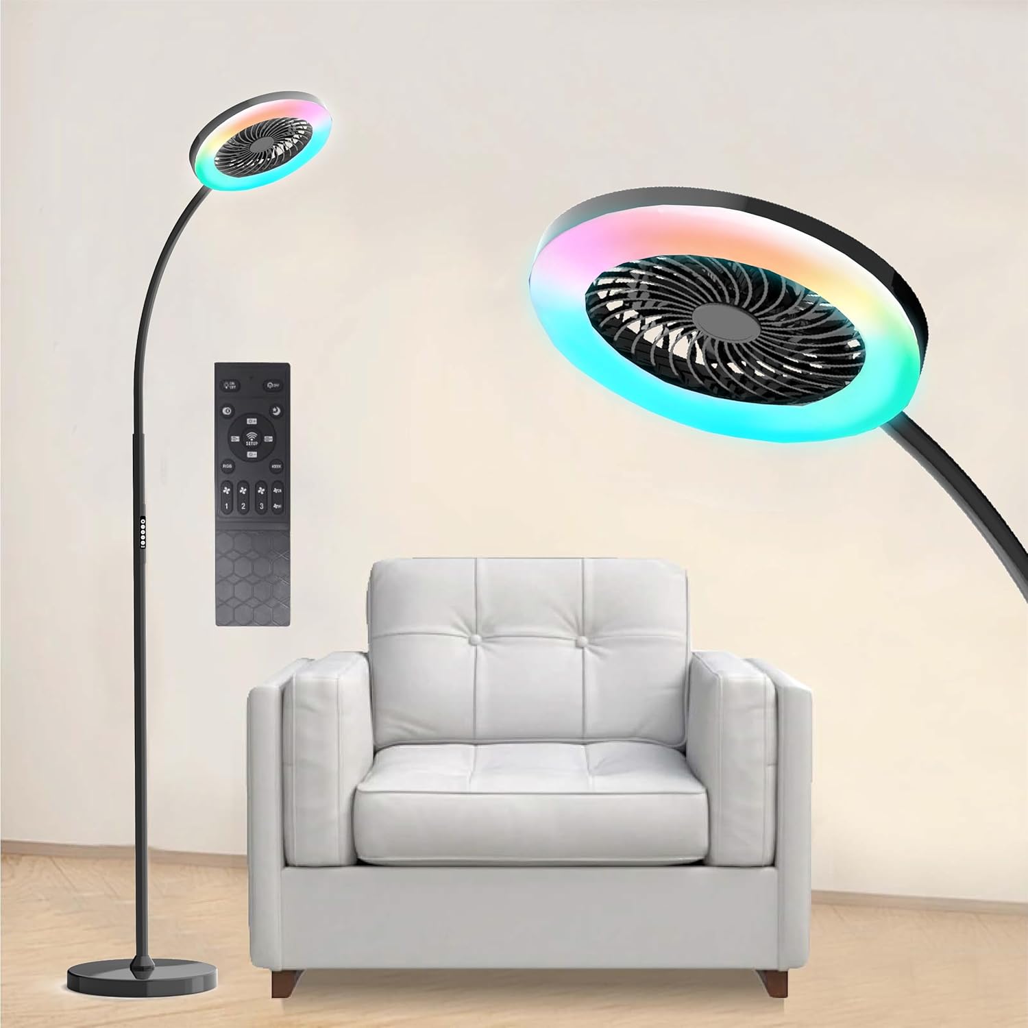 Pedestal Fan for Bedroom Floor Lamp with RGB 18w 1500lm 3-Speed Stand Fan Stepless Adjustable 3000K-6000K Color and