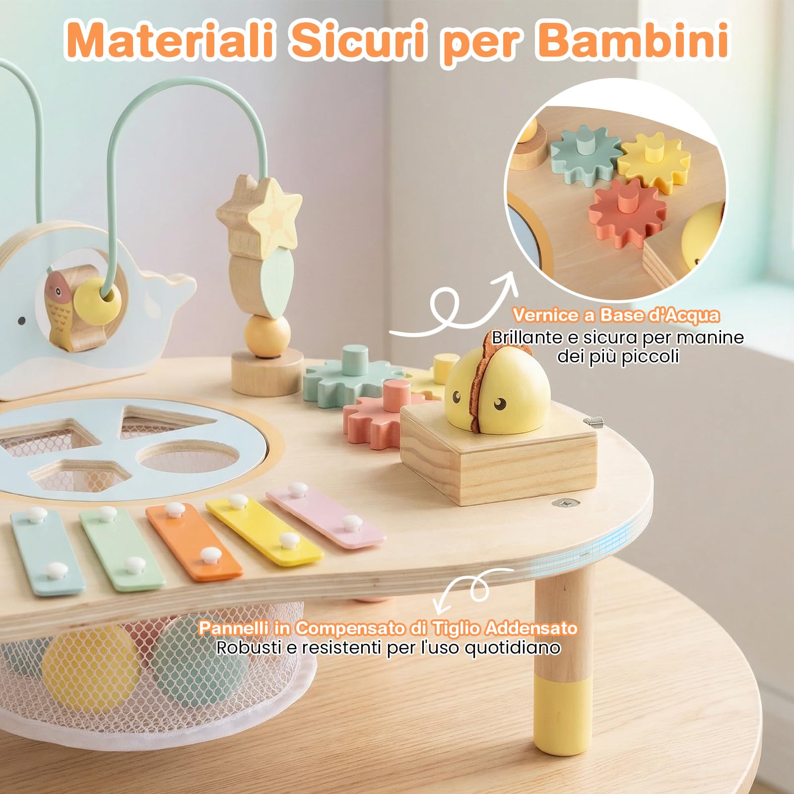 COSTWAY Centro di Attività Musicale in Legno Tavolo Multiattività Bambini 7-in-1 con Labirinto di Perle Xilofono Giochi Montessori