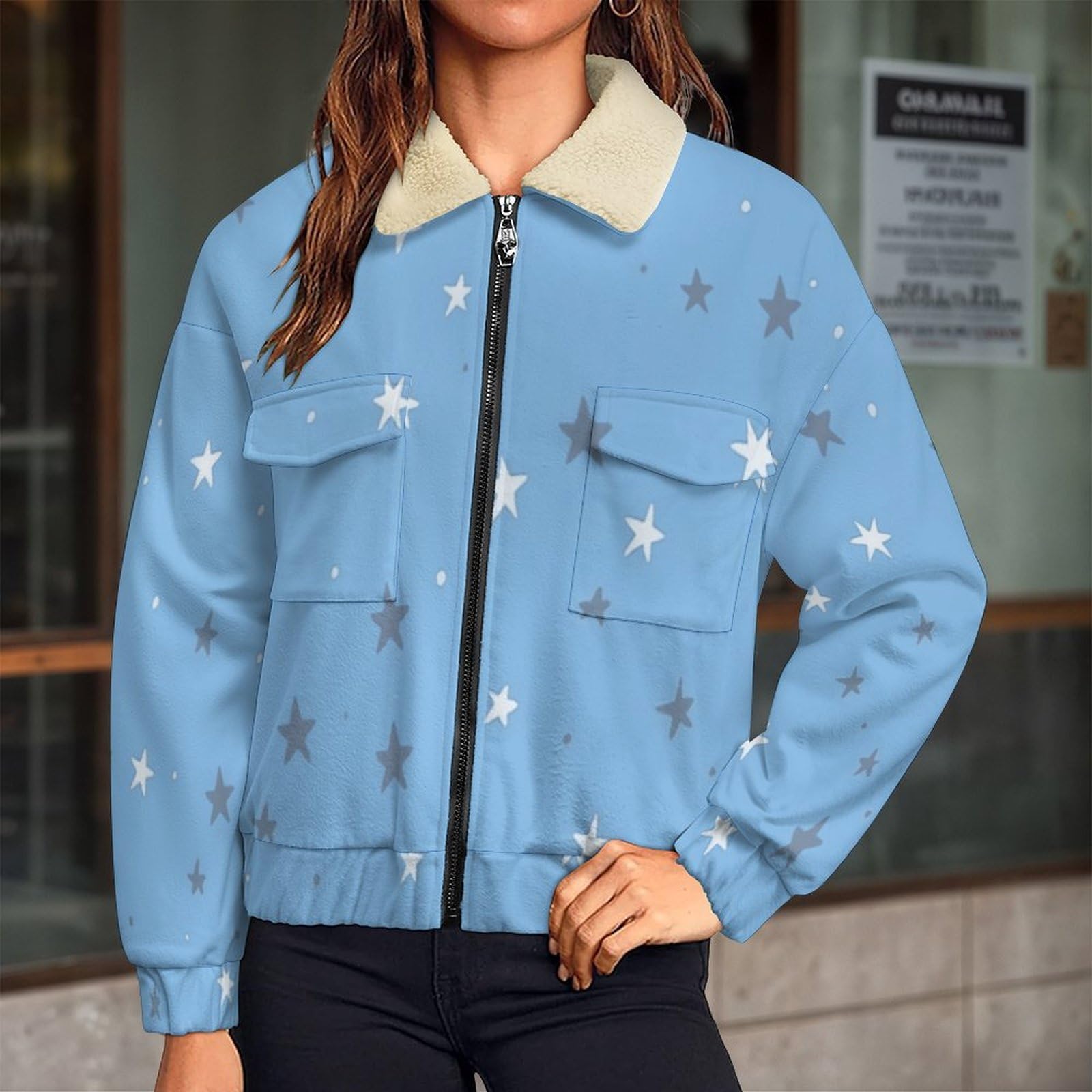 Donna Pile Stampa Carino e sognante Caldo con Cerniera, Giacca da Camera Invernale Corta Pile Giacche, Piccola Stella Cappotto In Peluche Sherpa Giubbotto Fleece Comoda
