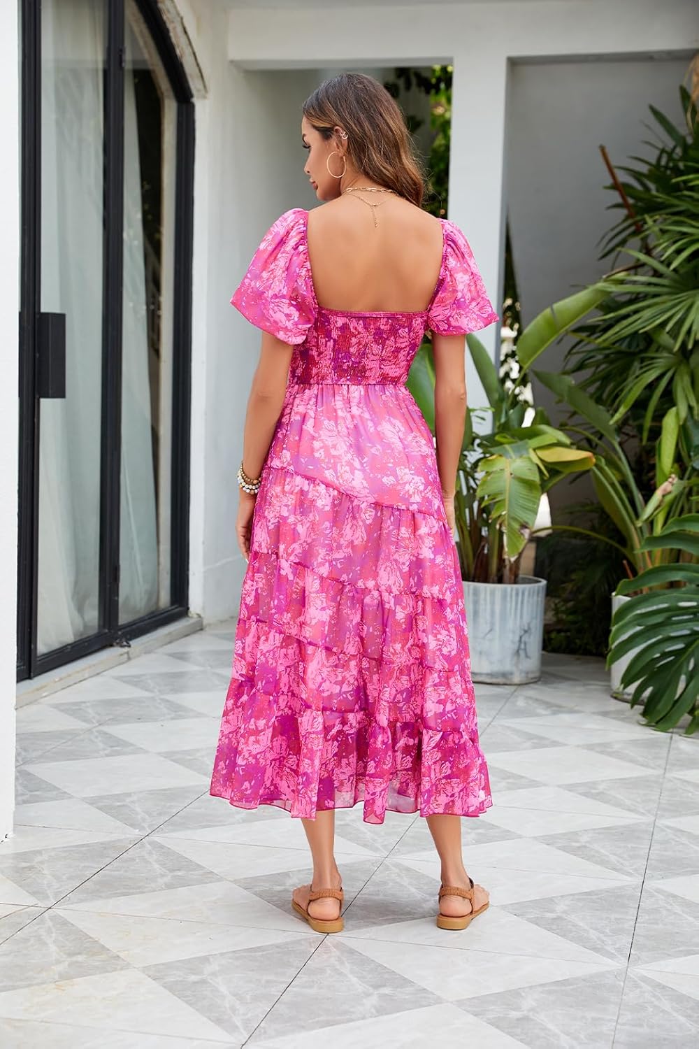 Women Floral Maxi Dress Short Puff Sleeve V Neck Bohemian Flowy Dress Smocked Casual Spring Summer Dresses - Image 6