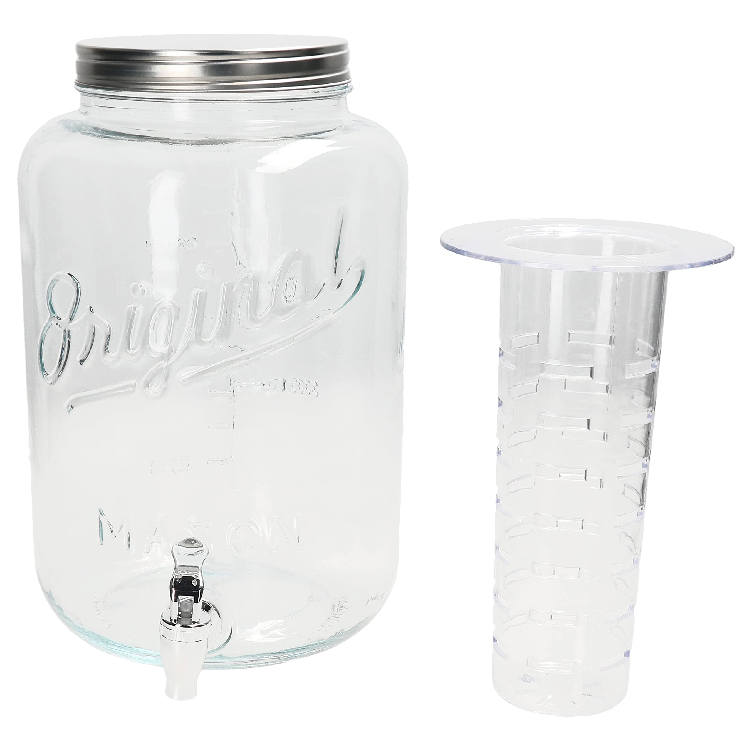 MamboCat GRIFO Getränkespender 8L aus Glas mit Zapfhahn, Deckel & Kühleinsatz I Retro & Vintage-Optik mit Füllskala I Einsatz für Früchte, Eiswürfel, Kräuter I Wasser-Spender I Für Saft & Limo
