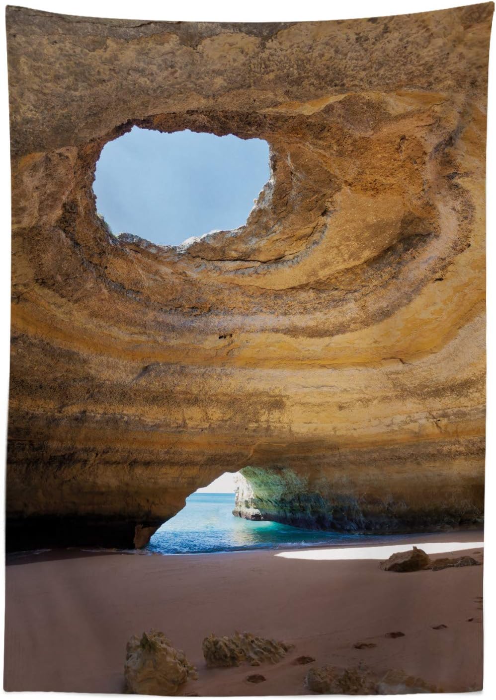 Ambesonne Cave Outdoor Tablecloth, Sea Cave of Benagil in Algarve Portugal Idyllic Sandy Rocky Landscape, Decorative Washable Picnic Table Cloth, 58" X 104", Sand Brown Pale Blue