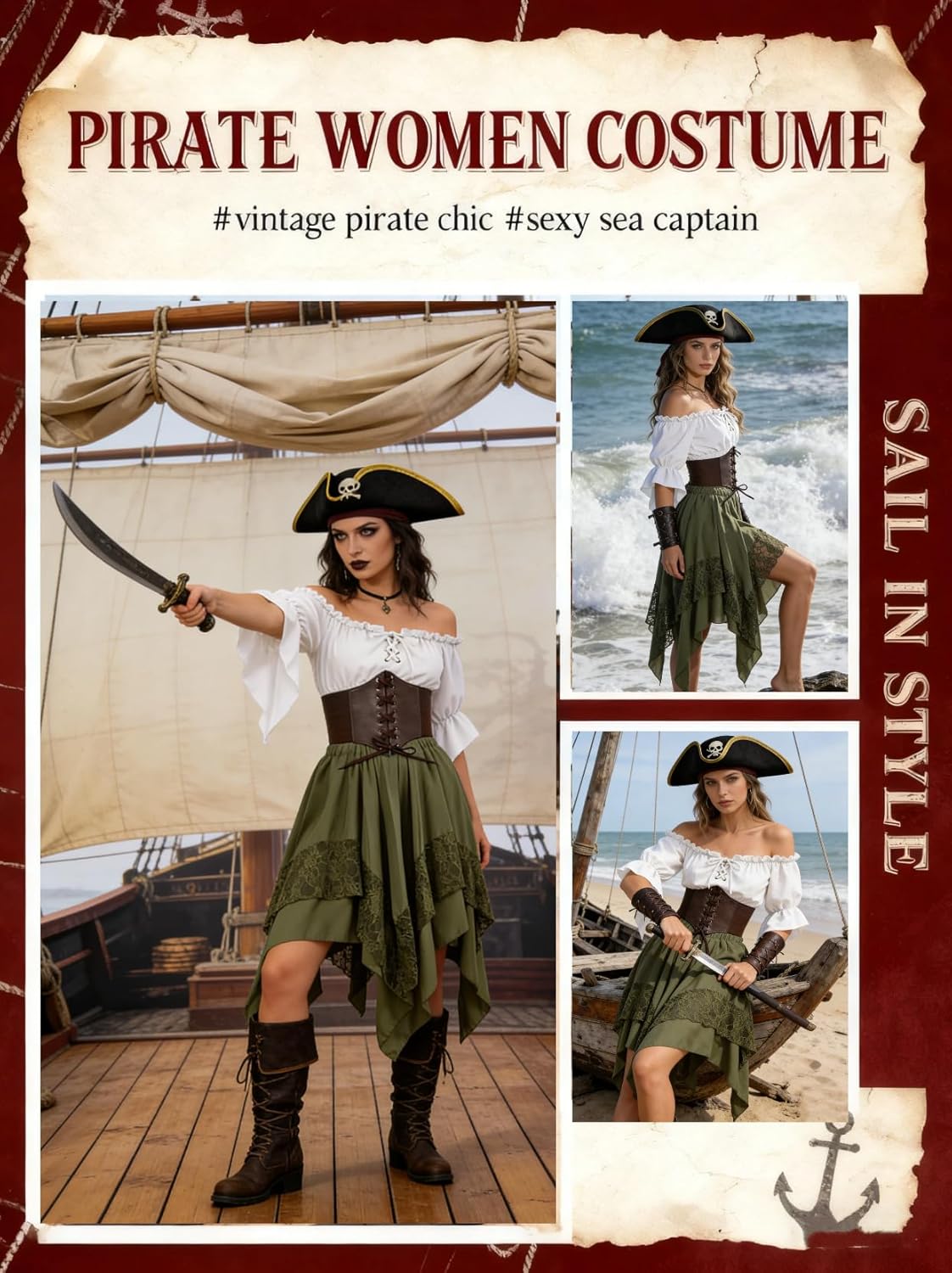 Verceco Women Pirate Costume Adult Renaissance Medieval Outfit with Peasant Top and Pirates Skirt 3-Piece Halloween Set