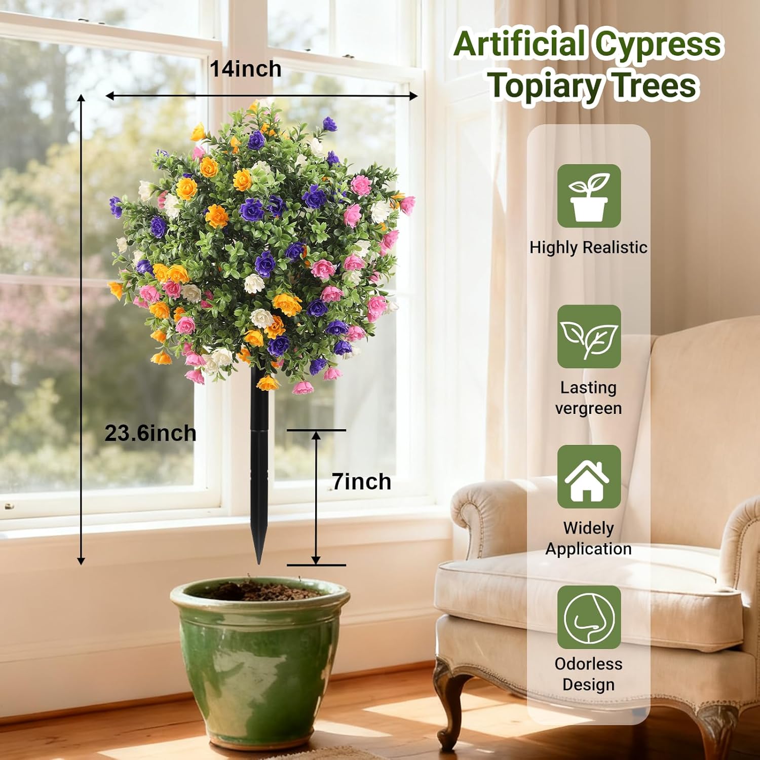 Artificial Topiary Bushes with Ground Spike Set of 2, Faux Boxwood Ball Trees for Outdoor, Fake Shrubs Bushes Decorations for Indoor Front Porch Garden - UV Resistant Faux Plants - Multicolor Flowers