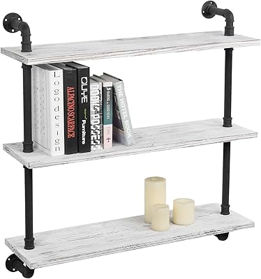 MyGift 3-Tier Wall Mounted Whitewashed Wood & Industrial Pipe Hanging Display Shelves for Living Room & Bedroom