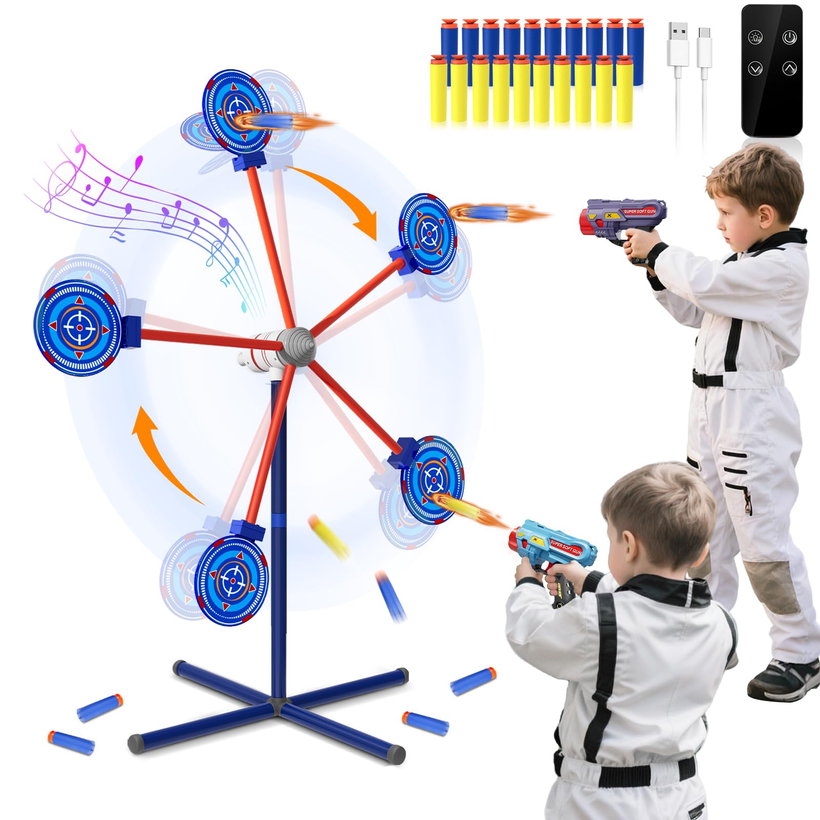DX DA XIN Cible de Tir Rotative Jeux pour Enfants Comprend 2 Pistolets Jouets 20 Mousse Fléchettes Jouets de Jardin D'Extérieur Cadeaux pour Garçons 4 5 6 7 8 9 10 Ans