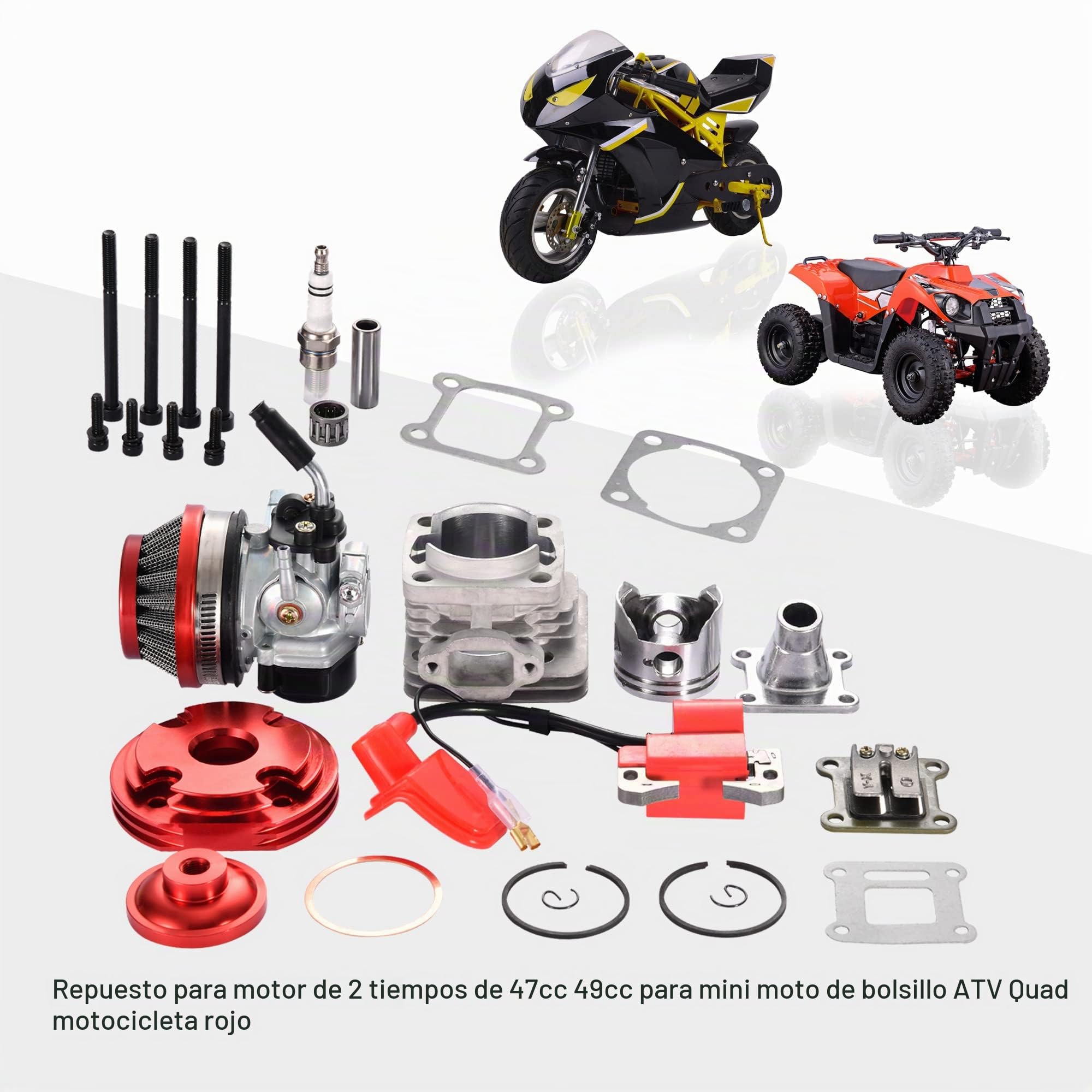 GOOFIT 44mm Cilindro Carburador Filtro de Aire Bobina de Encendido Conjunto de Gran Orificio Kit Superior de Pistón Reemplazo para 47cc 49cc 50cc 53cc 54cc Bolsillo Bicicleta ATV CRX50 Coyote Rojo