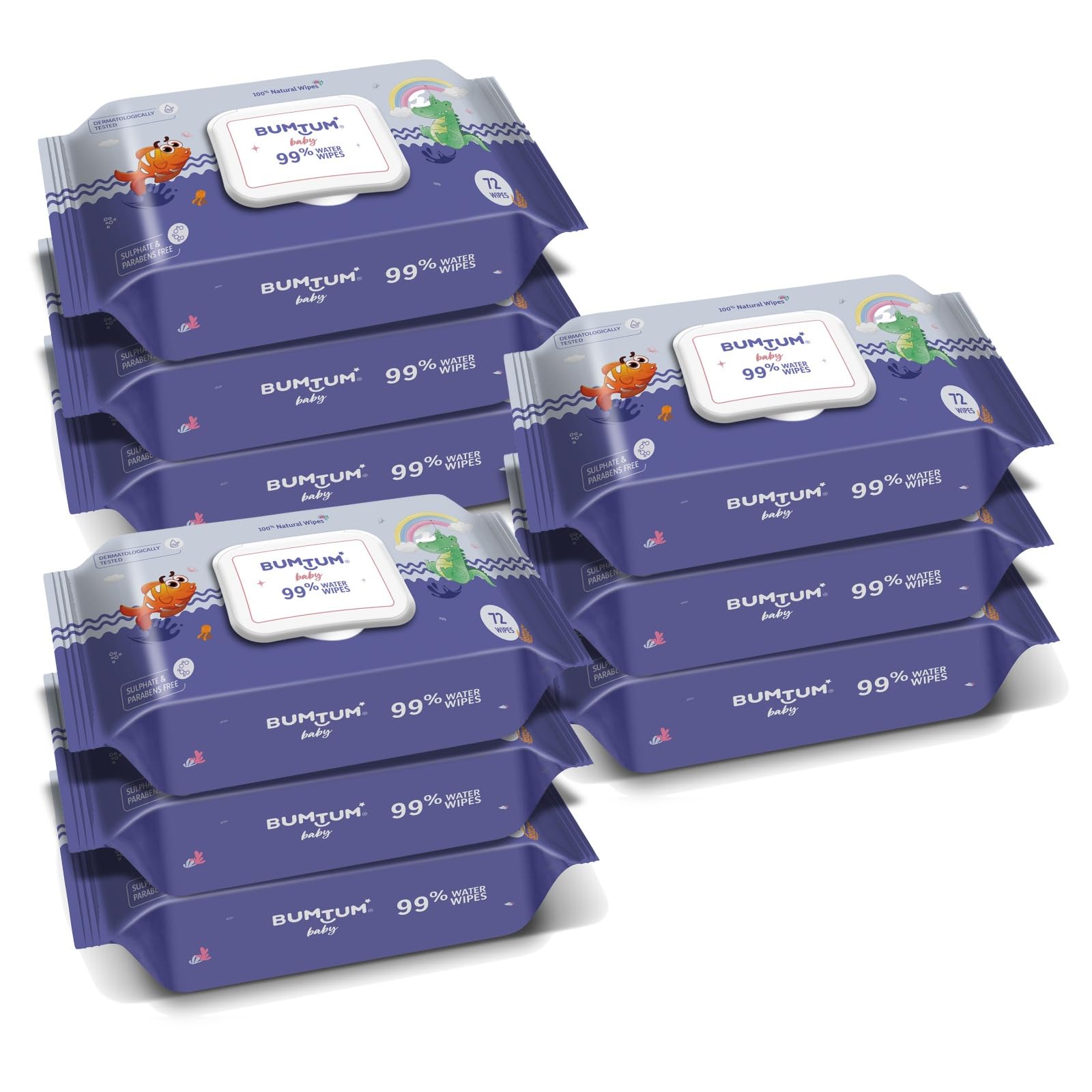 Bumtum Baby Gentle 99% Pure Water Soft Moisturizing Wet Wipes With Lid | Aloe Vera & Chamomile Extracts | Paraben & Sulphate Free (72 Pcs. Pack of 9)