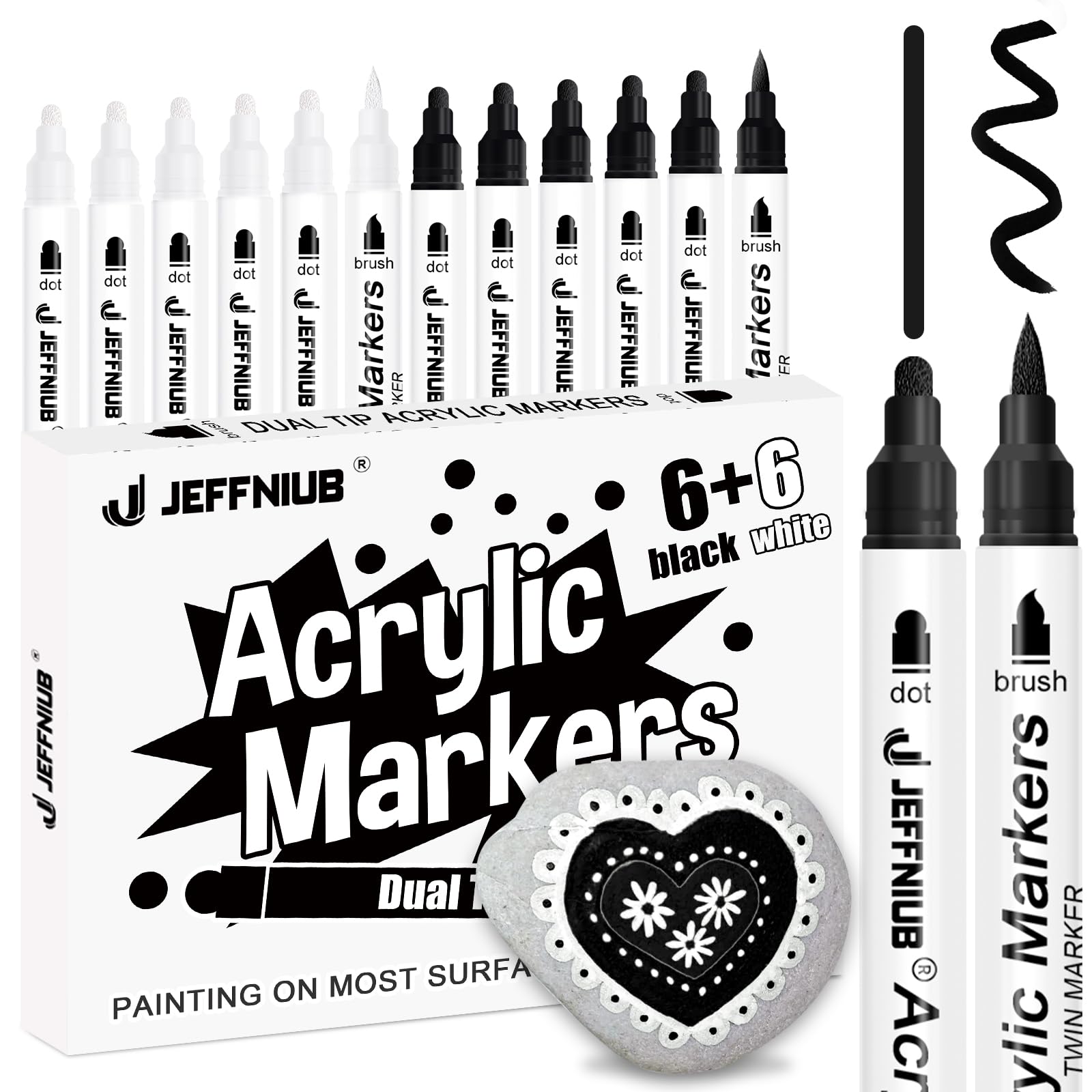 JEFFNIUB Acrylstifte Schwarz Weiß Wasserfest 12pcs Acrylstifte für Steine Wasserfest Brush Tip Dual, Acrylstifte für Holz, Metall, Glas, Stoff Multimarker AMDT12WB weiß und schwarz