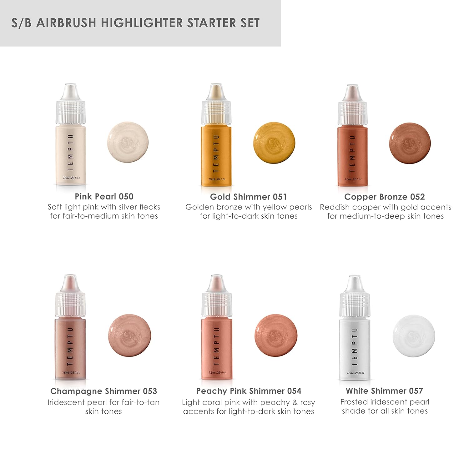 TEMPTU S/B Silicone-Based Airbrush Highlighter Starter Set: Long-Lasting, Layerable, Light-Reflecting Shimmer | Natural-Looking Luminosity | Weightless, Buildable Formula| 6 Shades - Image 5