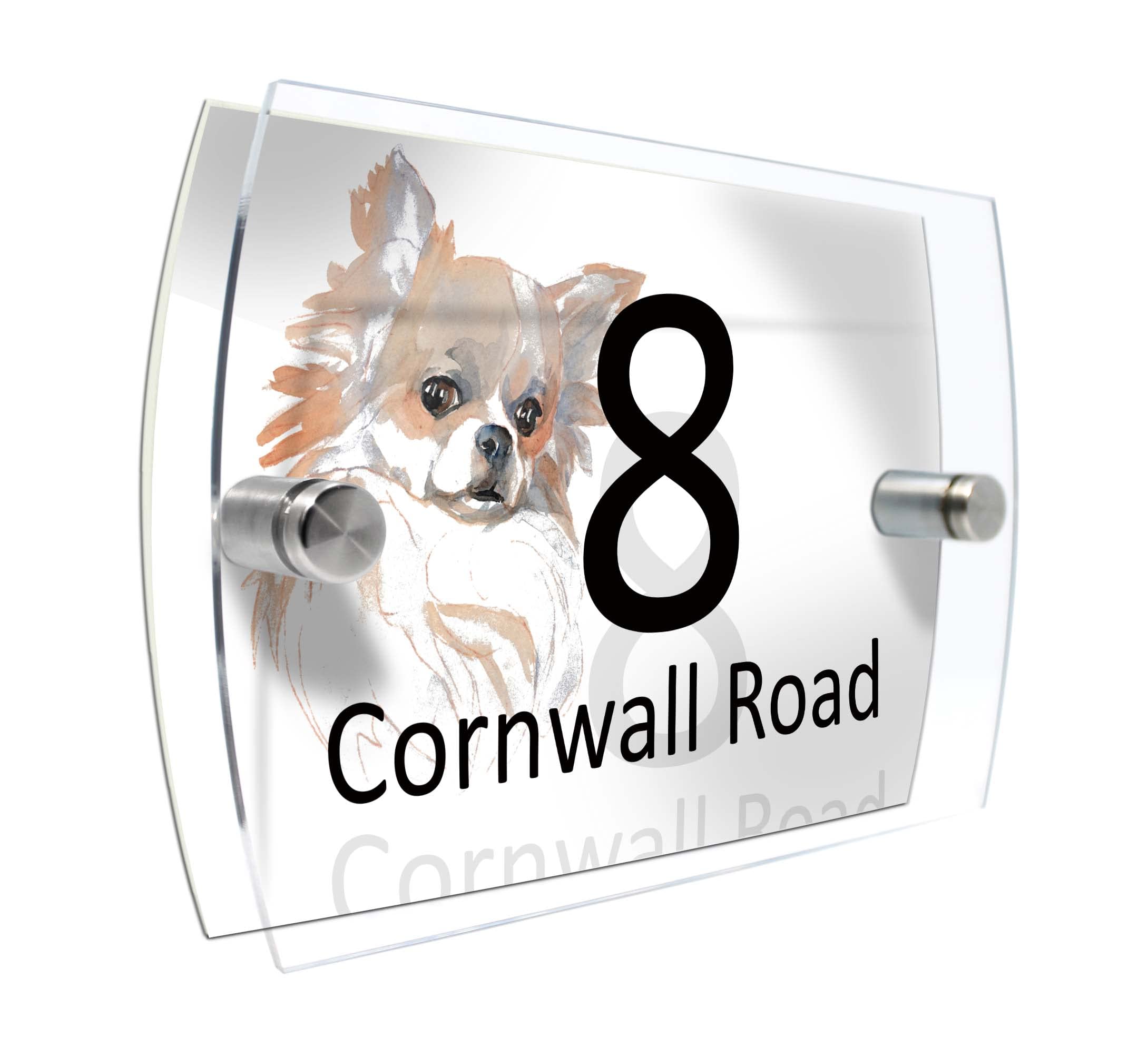 House Number Plaque Sign Door Road Plate for Dog Lovers Personalised Watercolour Print (D411 Chihuahua1)