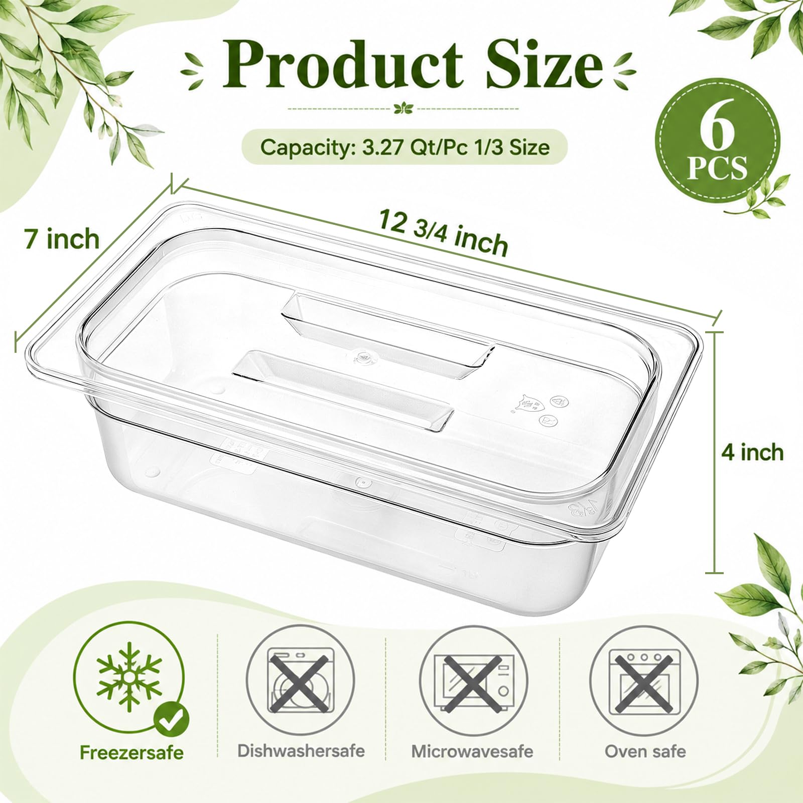 Bekith Confezione da 6 padelle in plastica trasparente con coperchio, 1/3 di misura 10,2 cm, impilabili, in policarbonato commerciale, per cucina, ristorante, preparazione di alimenti, adatte al