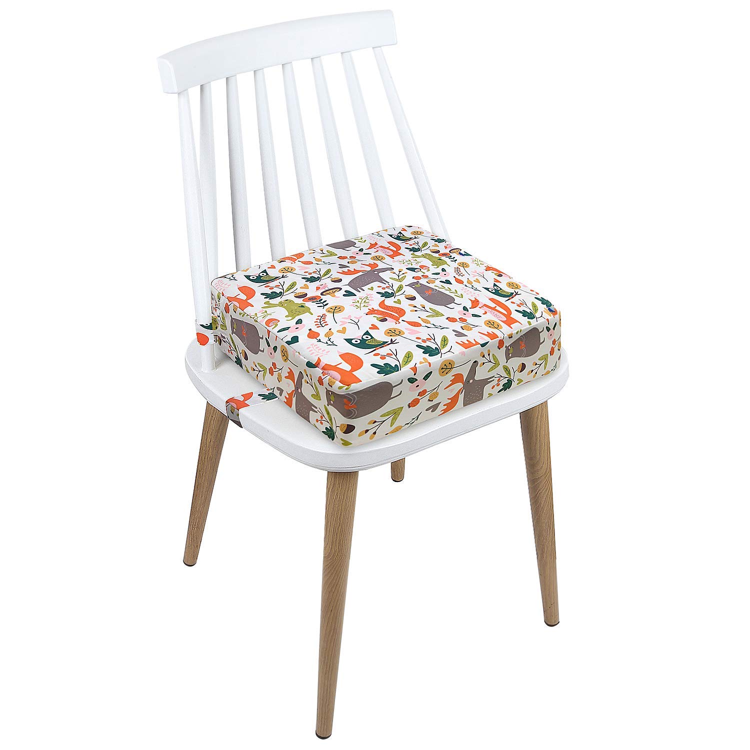 Rehausseur Chaise Enfant Coussin, en Toile de Coton Lavable avec 2 Sangles, Boucle de Sécurité, Motif de Dessin Animé Pour Enfant (Animaux-Blancs) 111