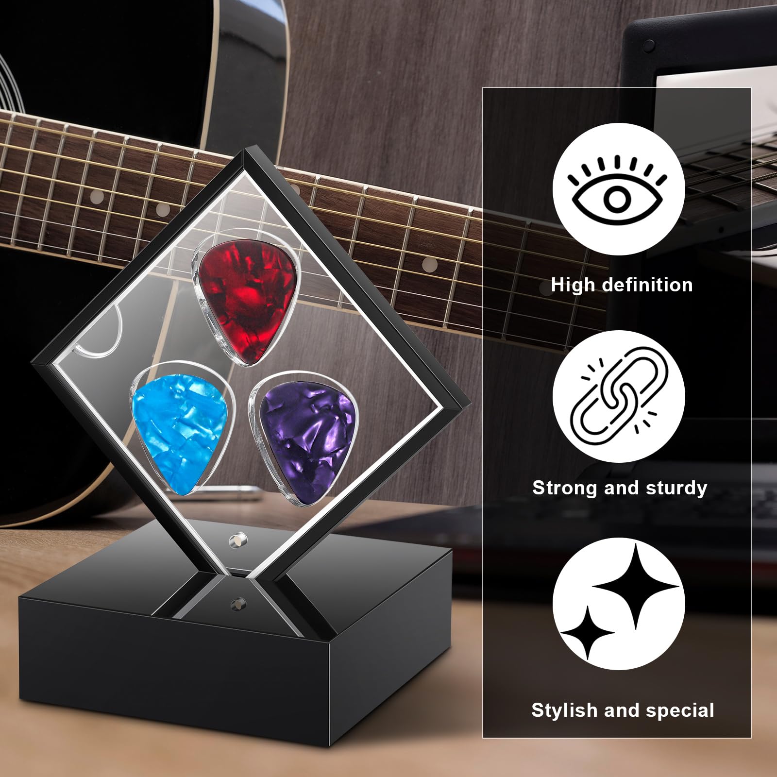 Colingmill Soporte de exhibición de púas de guitarra acrílico flotante 3D, marco de exhibición de púas de guitarra, caja transparente para púas de guitarra que puede contener 3 púas para decoración