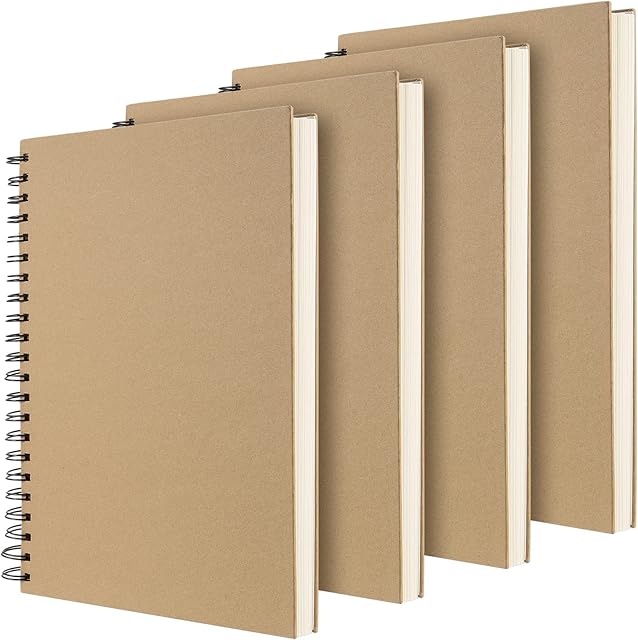 ZEONHAK 4 Pack A4 Sketchbook Spiral Bound, 60 Sheets/120 Pages 160gsm Spiral Bound Sketch Book Pad, Kraft Cover Blank Paper Portrait Sketch Book for Drafting, Sketching, Scrapbook