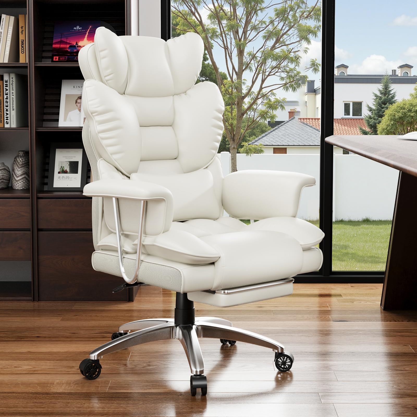 naspaluro Chefsessel Bürostuhl mit Fußstütze, ergonomischer PU-Leder Bürostuhl mit hoher Rückenlehne, Computerstuhl für Büro & Homeoffice, Weiß