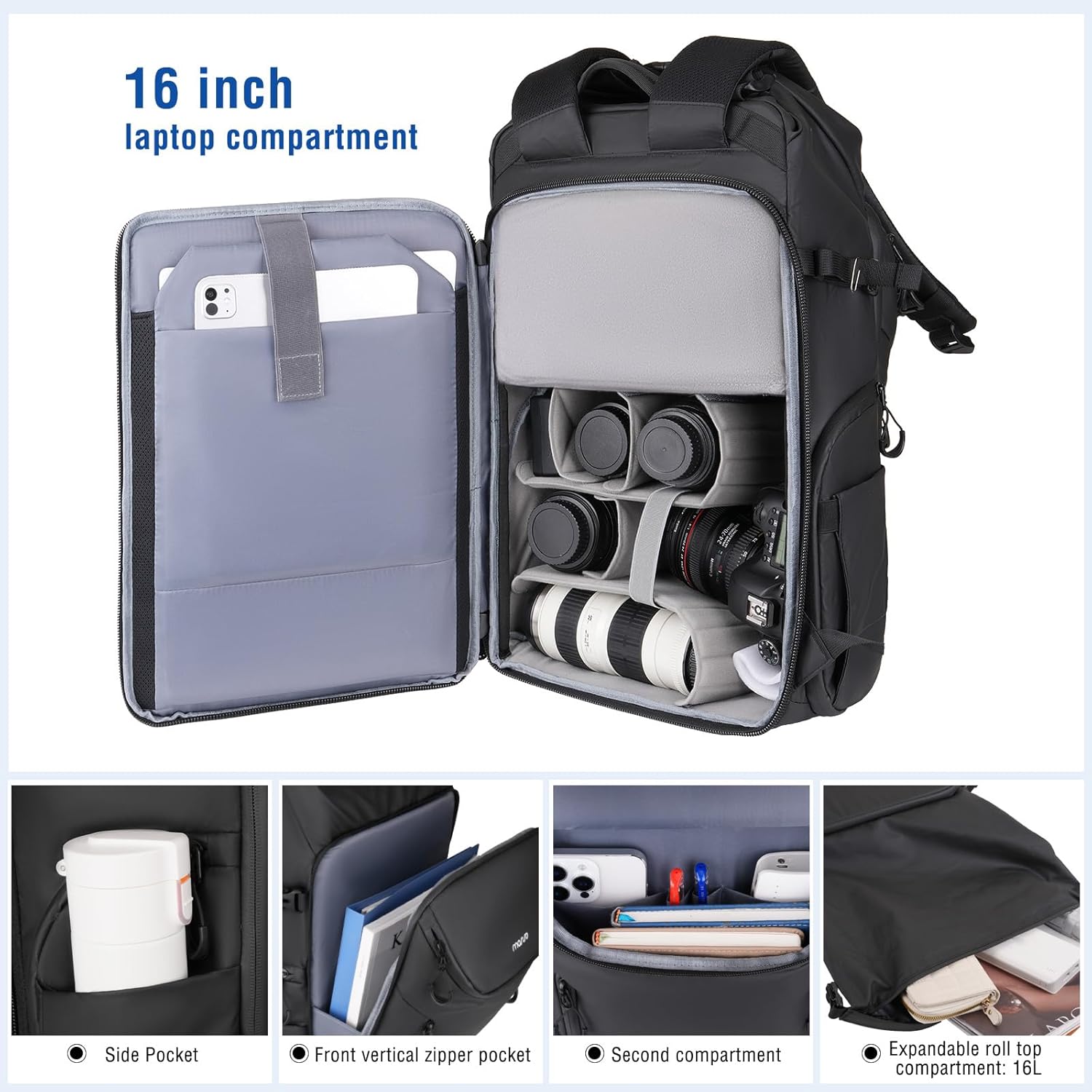 MOSISO Waterproof Camera Backpack, DSLR/SLR/Mirrorless Large Camera Bag Photography Backpack with Expandable Roll Top Compartment&16 inch Laptop Compartment&Tripod Holder for Canon/Nikon/Sony, Black - Image 6