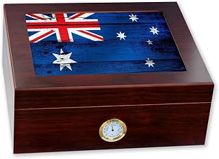 ExpressItBest Premium Desktop Humidor - Glass Top - Flag of Australia (Australian) - Wood Design - Cedar lined with humidifier & front mounted hygrometer.