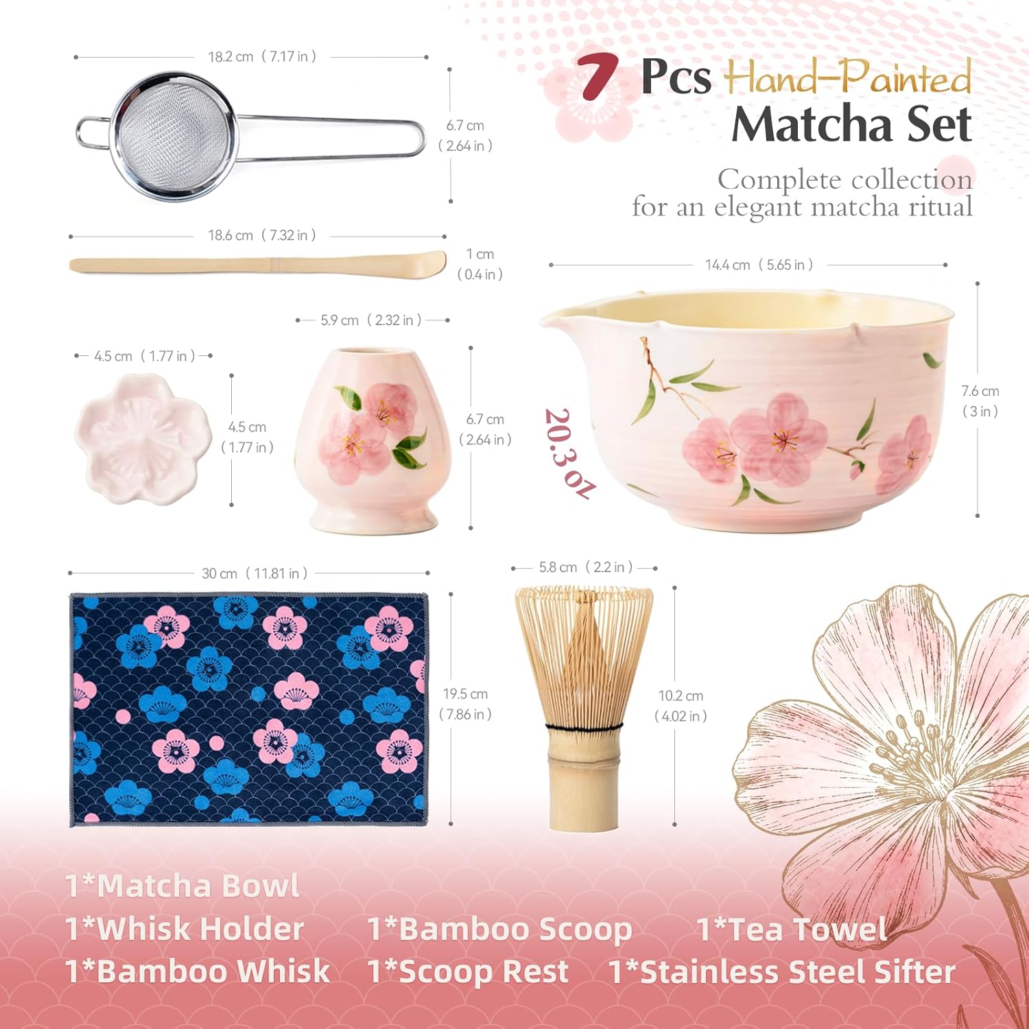 Matcha Whisk Set, 7Pcs Matcha Set with Hand-Painted Ceramic Matcha Bowl, Matcha Whisk and Holder, Scoop and Rest, Sifter, Tea Towel, Artisan Matcha Kit for Ceremony & Gifting (Pink) - Image 3