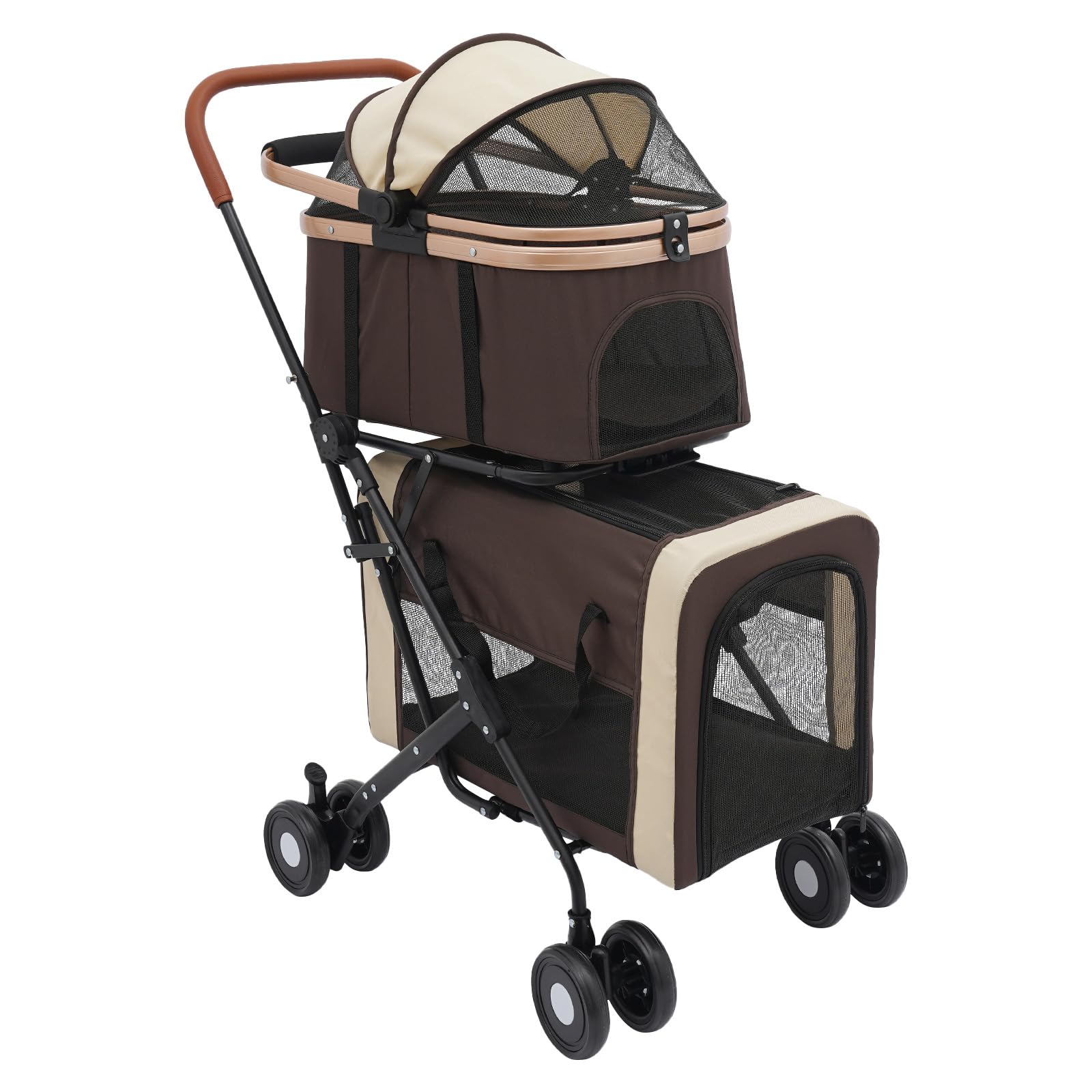 Carrito para Perros de 2 Niveles, Plegable, 35 kg, 2 Transportines Café